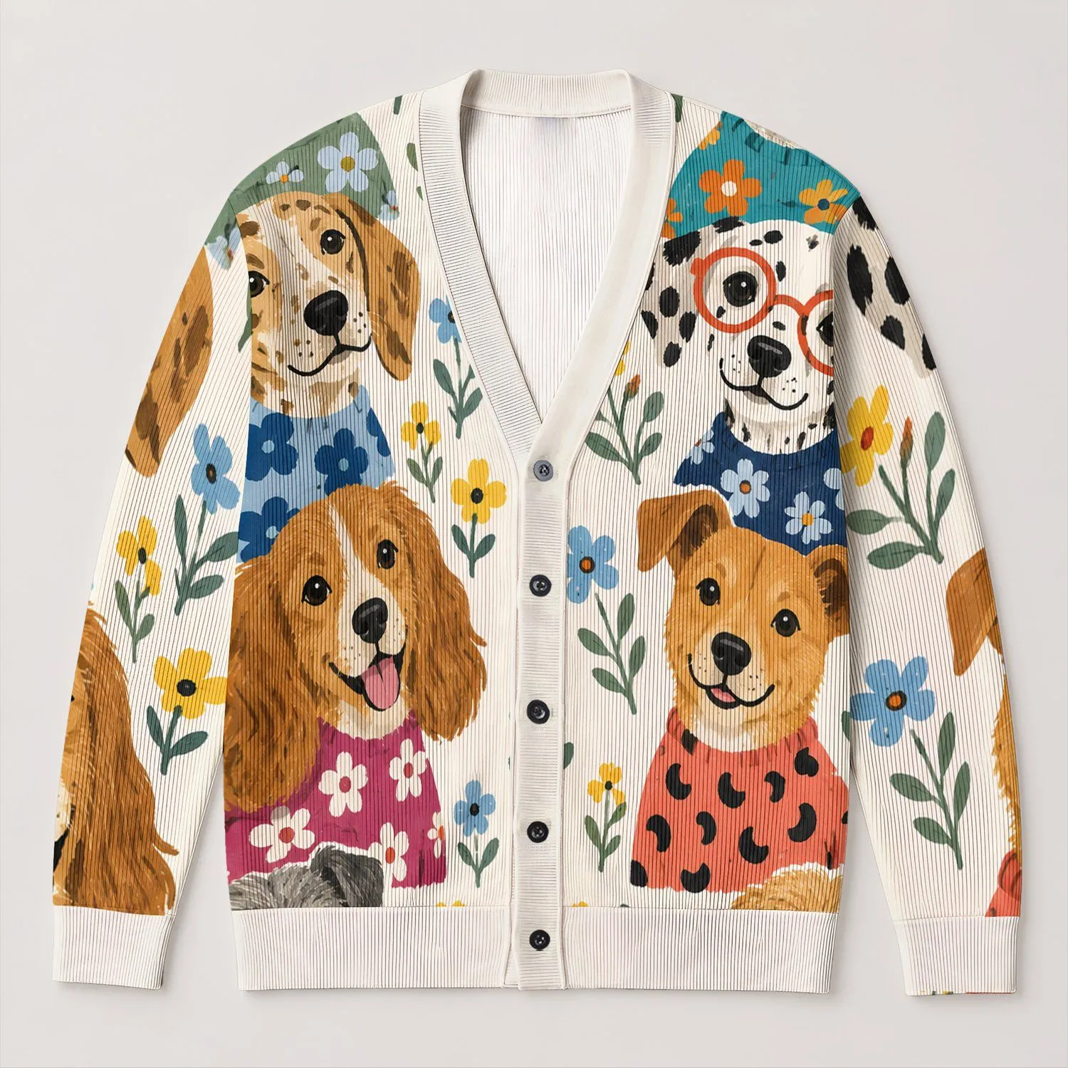 Colorful Dog Portraits for Relaxed Weekend Outings and Everyday Layering for Dog Lovers All-over Print Knitted Cardigan - 1