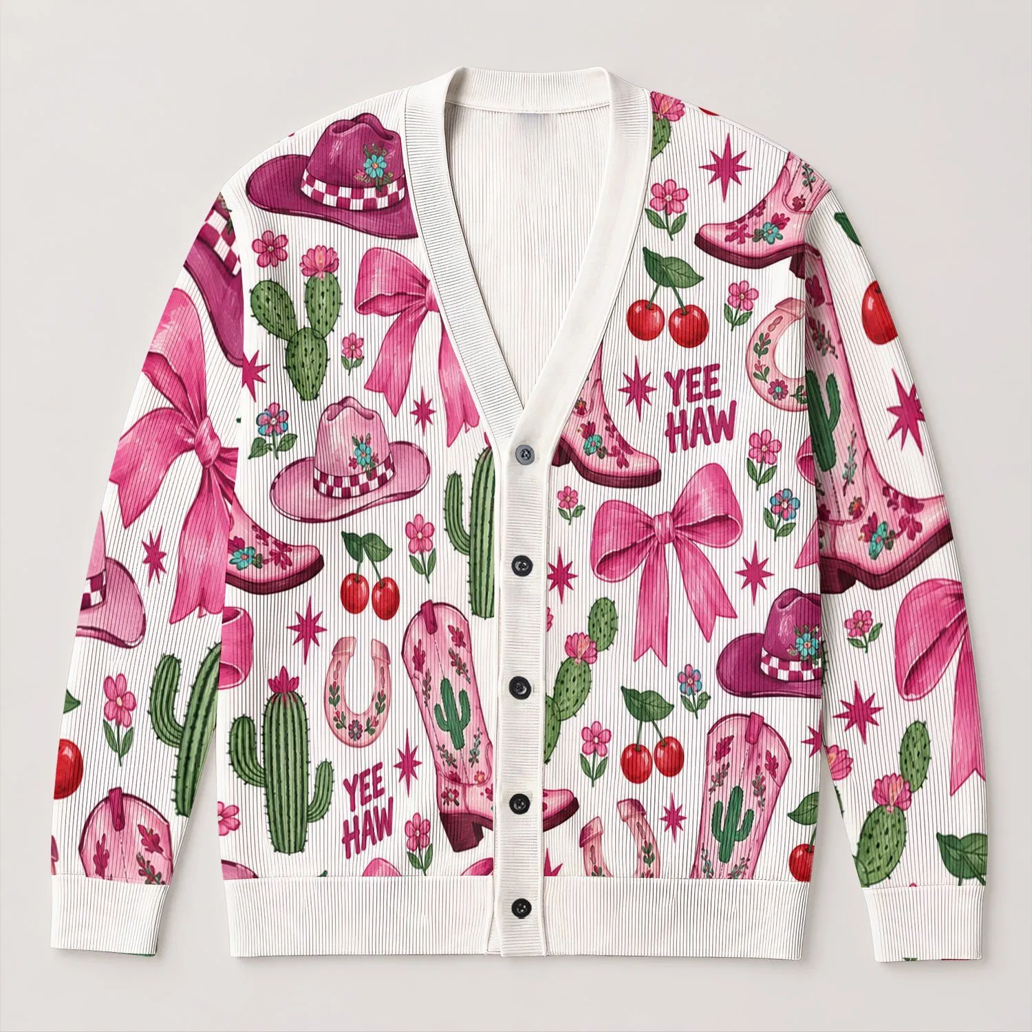 Pink Cowboy Boots And Cactus Western Motifs For Casual Ranch Style Weekend Layering All-over Print Knitted Cardigan - 1