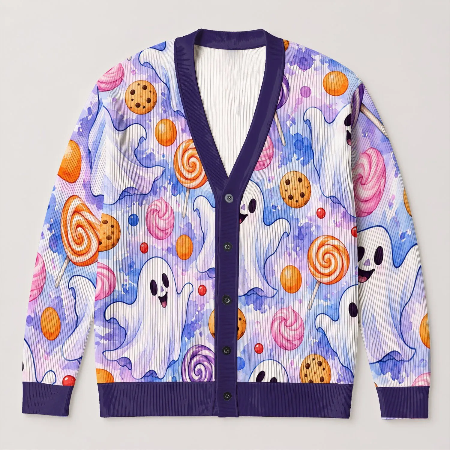 Cute Ghost Candy Halloween Style For Women, Whimsical Fall Layering And Halloween Parties All-over Print Knitted Cardigan - 1