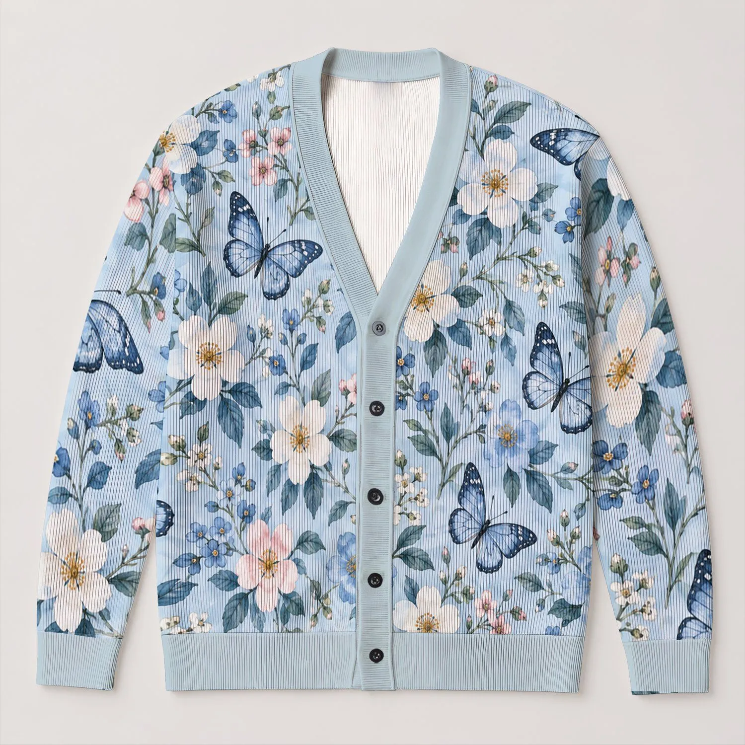 Blue Floral Butterfly Garden for Relaxed Everyday Layering Women's Casual Weekend Style All-over Print Knitted Cardigan - 1
