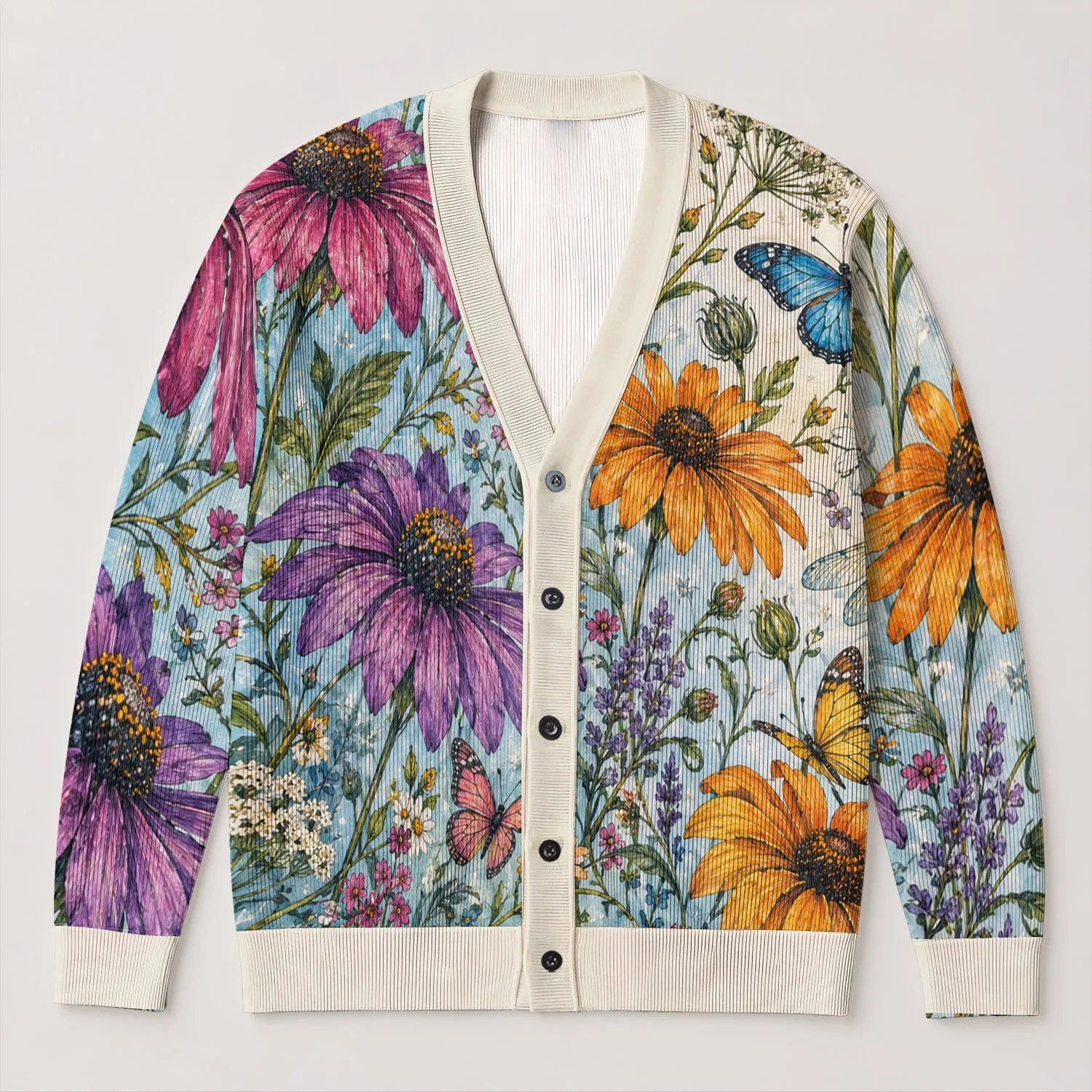 Whimsical Butterfly Garden Blooms for Autumn Dates and Vacations, Women’s Style All-over Print Knitted Cardigan - 1