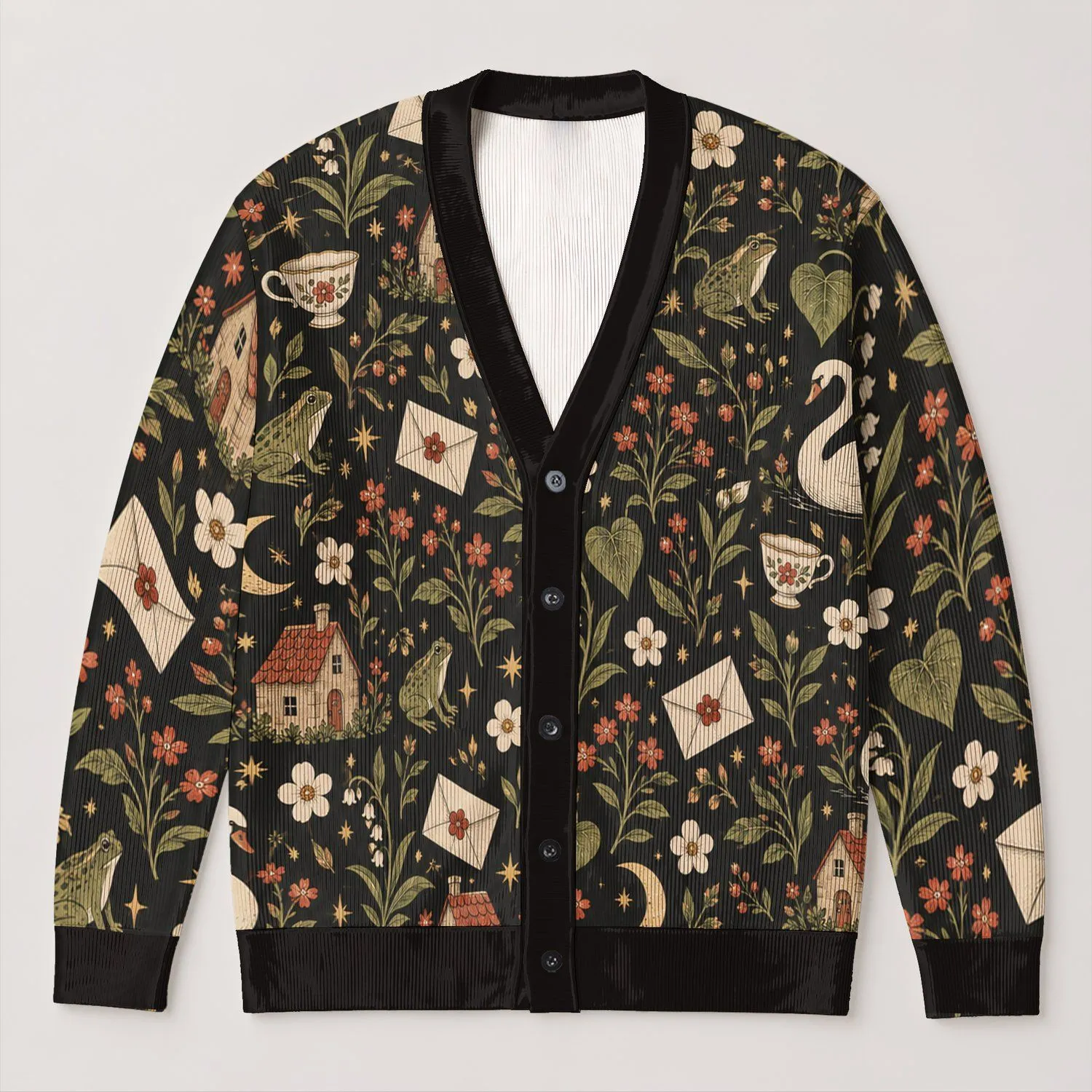 Vintage Folk Swans, Cottages And Tea Motifs For Autumn Outings And Cozy Layering Women All-over Print Knitted Cardigan - 1