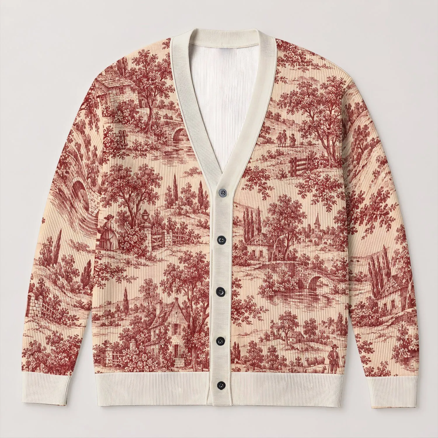 Burgundy Countryside Toile Scenes for Elegant Vacation Layering and Garden Dates for Women All-over Print Knitted Cardigan - 1