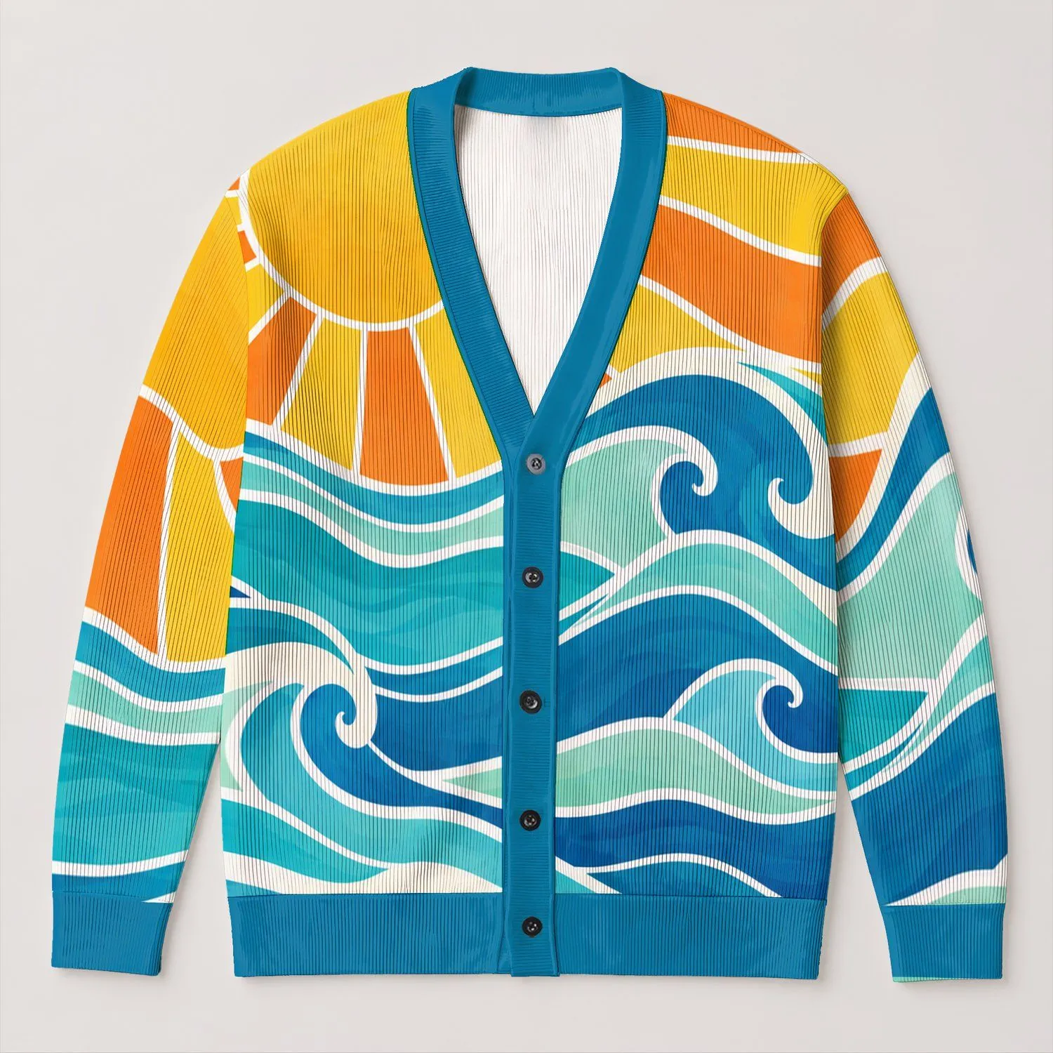 Bright Yellow Sunset And Ocean Waves For Relaxed Vacation Layering And Coastal Getaways All-over Print Knitted Cardigan - 1