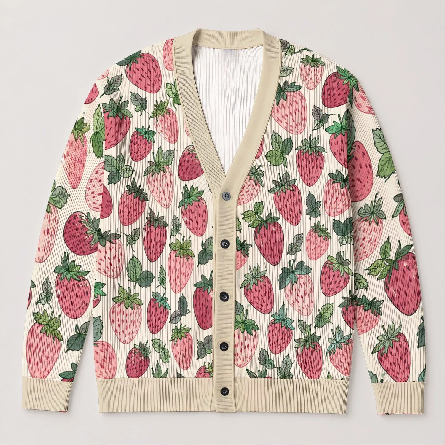 Pink Strawberry Fruit Motif for Sweet Casual Weekends and Vacation Style for Women All-over Print Knitted Cardigan - 1
