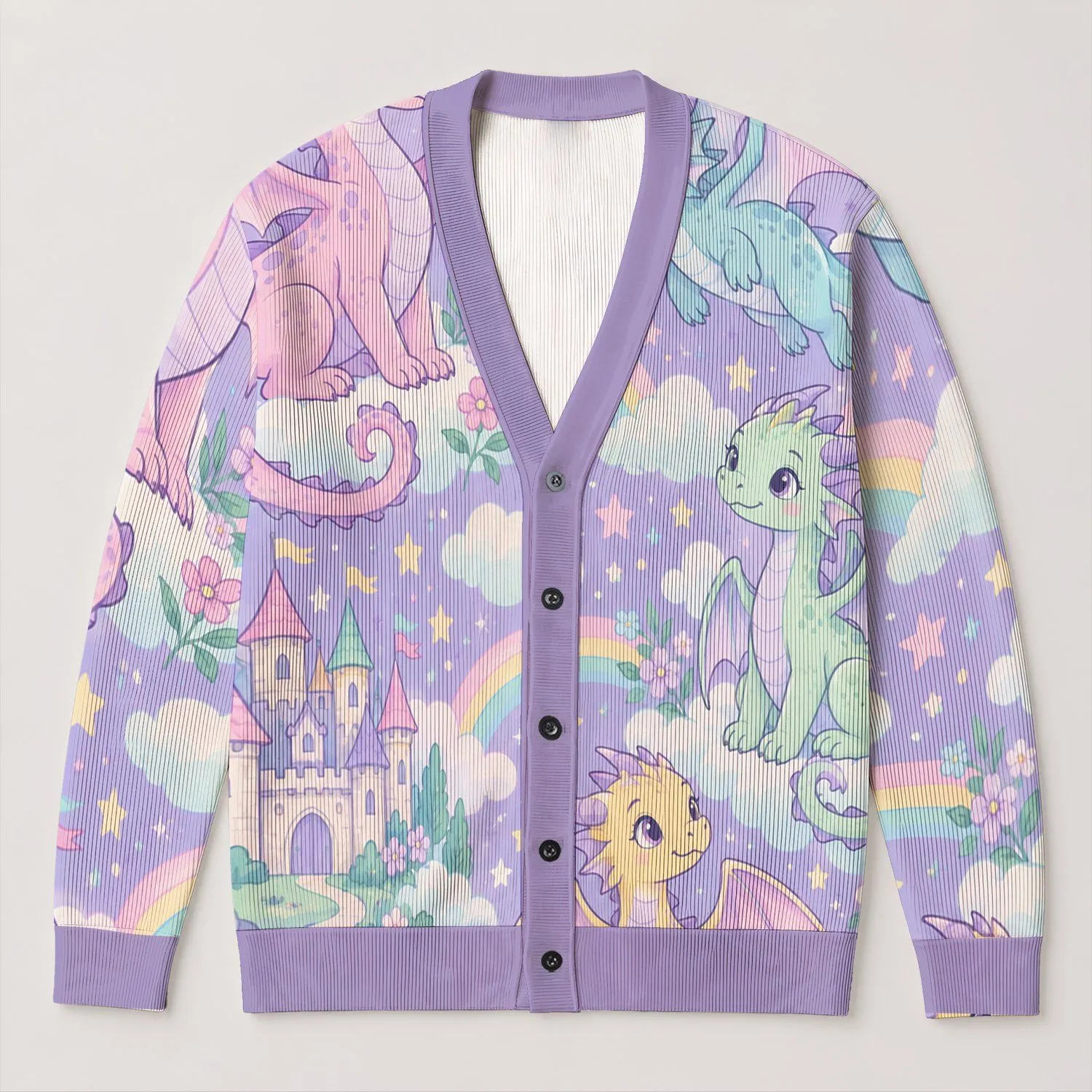 Pastel Dragon Kingdom Rainbow Castle Cozy Everyday Layering Gift For Fantasy Lovers All-over Print Knitted Cardigan - 1