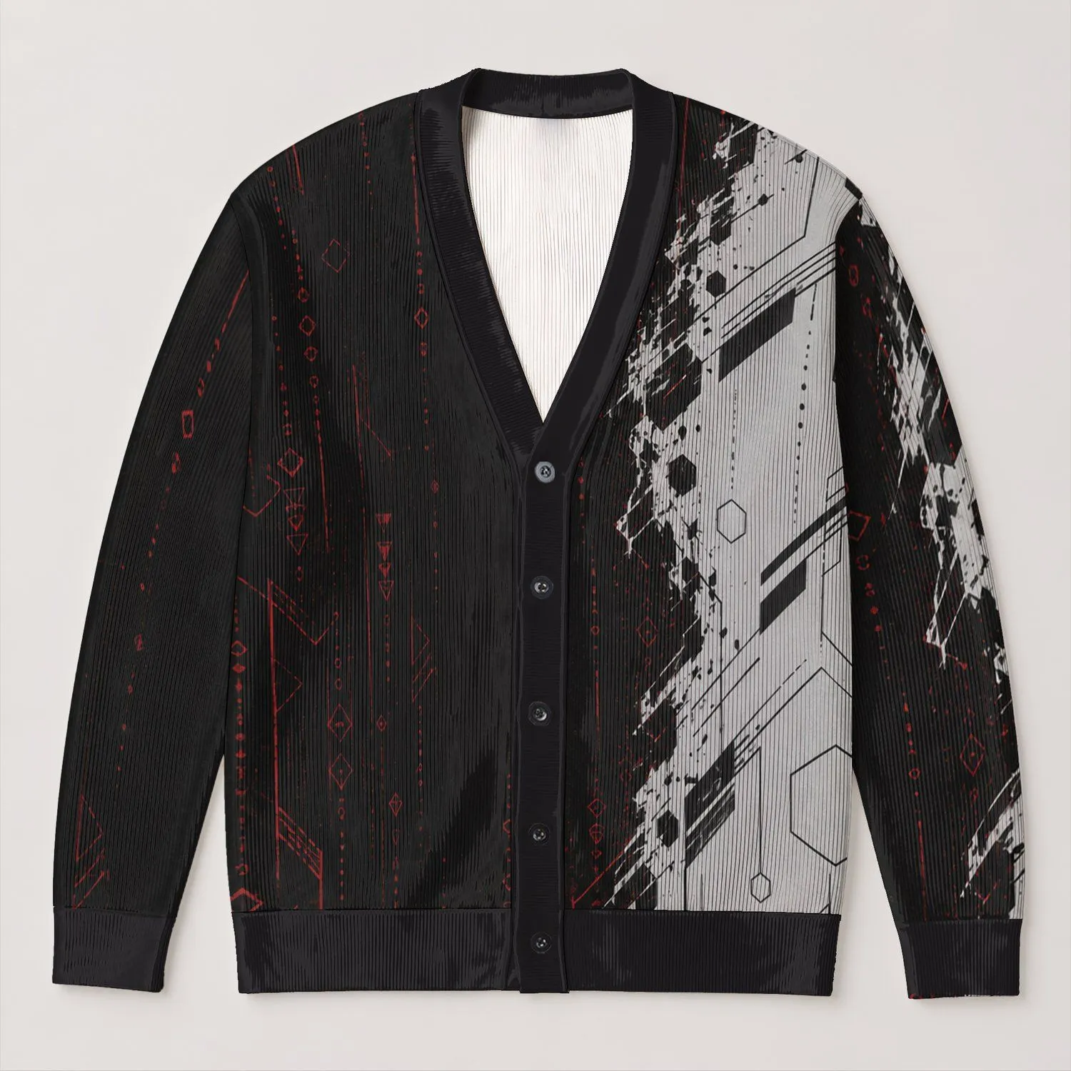 Split-Tone Geometric Comic Motifs for Everyday Layering and Winter Fandom Outfit All-over Print Knitted Cardigan - 1
