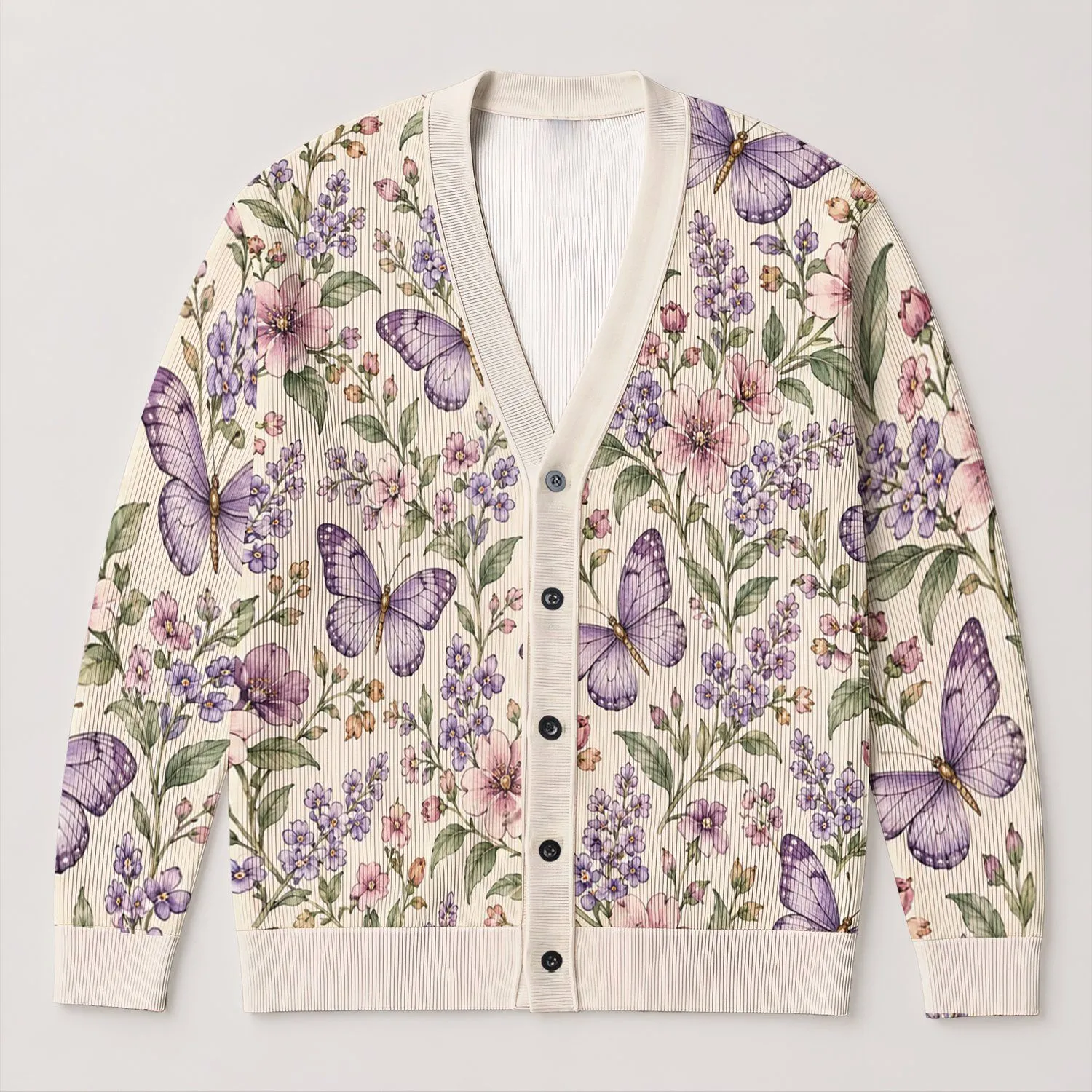 Purple Butterfly Garden Blooms for Romantic Date Nights and Vacation Style for Women All-over Print Knitted Cardigan - 1