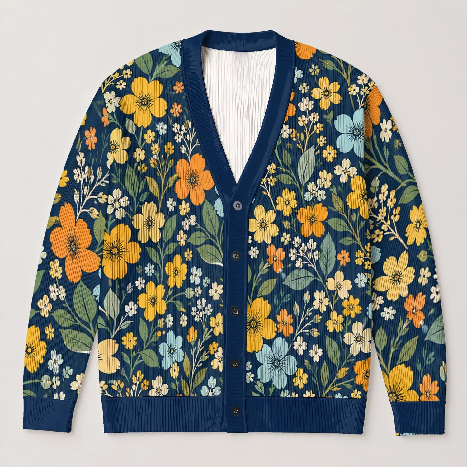 Navy Blue Floral Blossoms for Casual Layering, Poolside Days, and Relaxed Style All-over Print Knitted Cardigan - 1