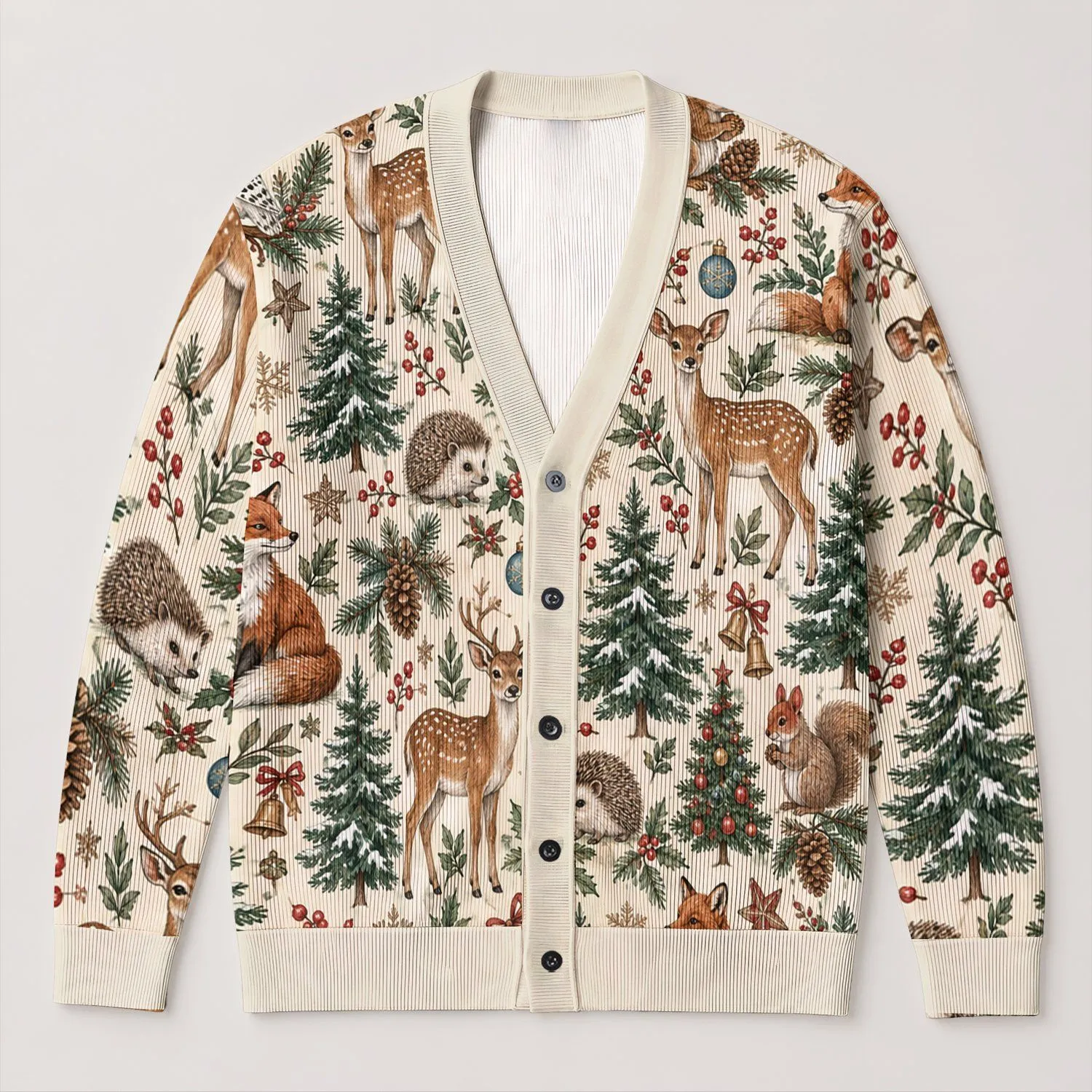 Woodland Deer Fox Owl Holiday Forest Motifs for Cozy Winter Vacation Layering Style All-over Print Knitted Cardigan - 1