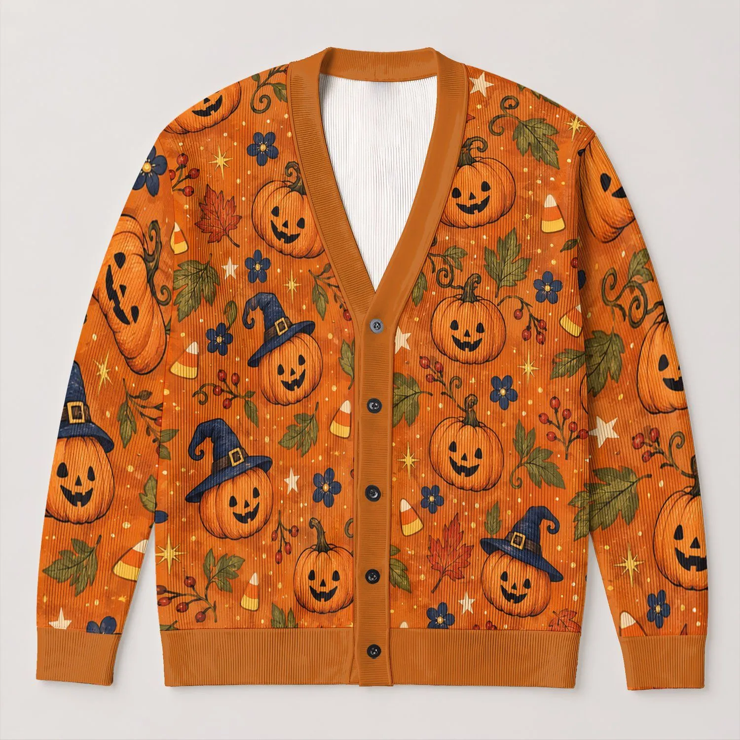 Jack-O-Lantern Witch Hat Halloween Autumn Pumpkin Fall Party Women's Cozy Seasonal Style All-over Print Knitted Cardigan - 1