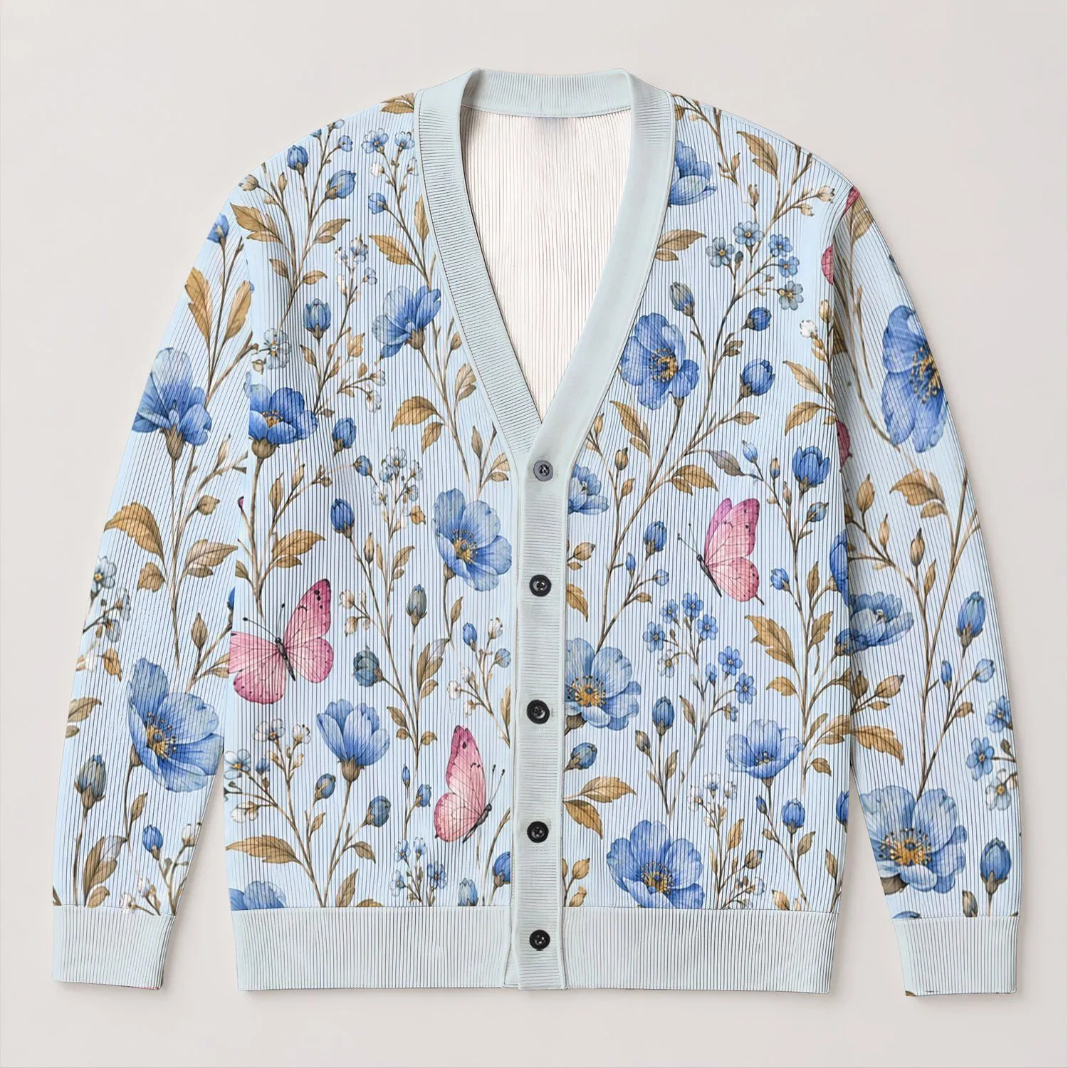 Blue Wildflower Butterflies for Bohemian Spring Layering, Feminine Everyday Style All-over Print Knitted Cardigan - 1
