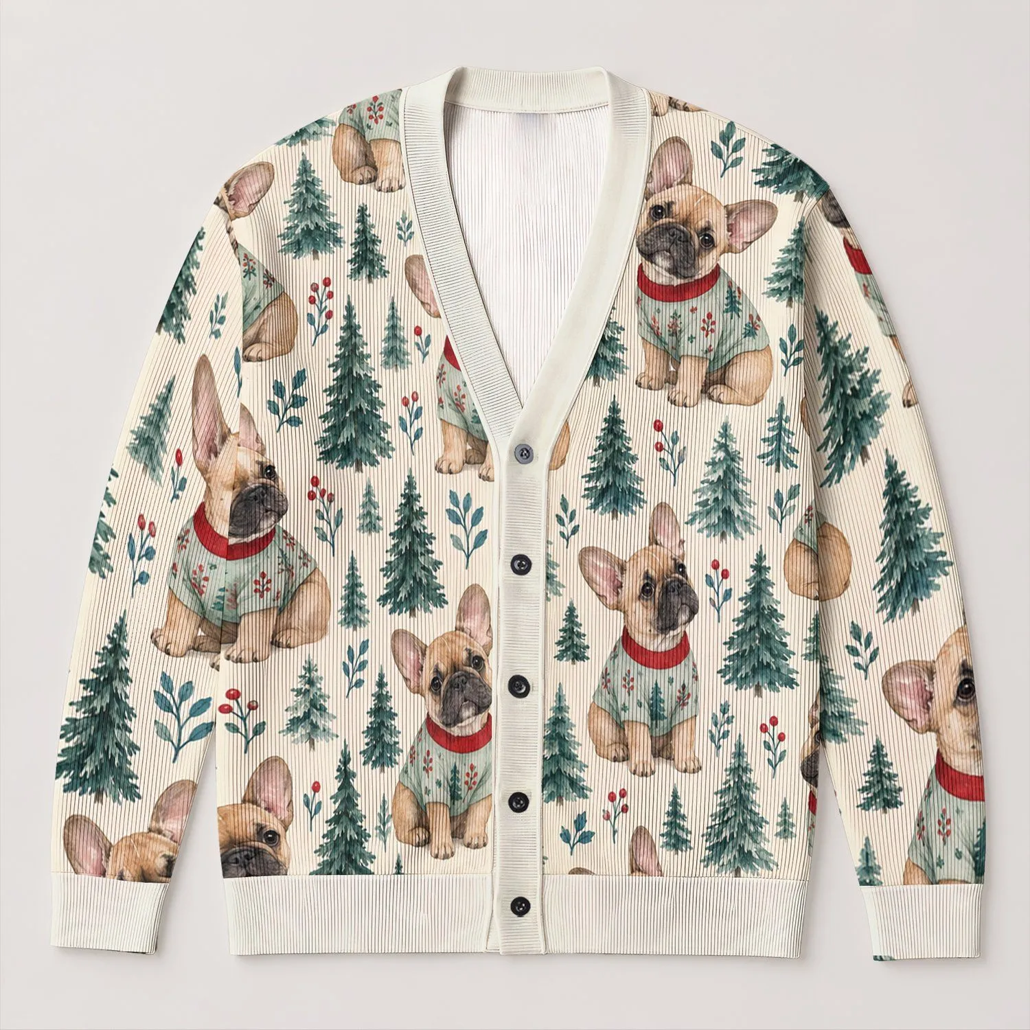 French Bulldog Puppies In Festive Sweaters For Cozy Winter Days, Gift For Dog Lovers All-over Print Knitted Cardigan - 1
