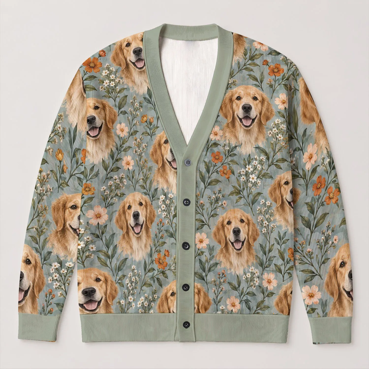 Golden Retriever Floral Motif for Casual Vacation Layering and Weekend Wear, Dog Lovers All-over Print Knitted Cardigan - 1
