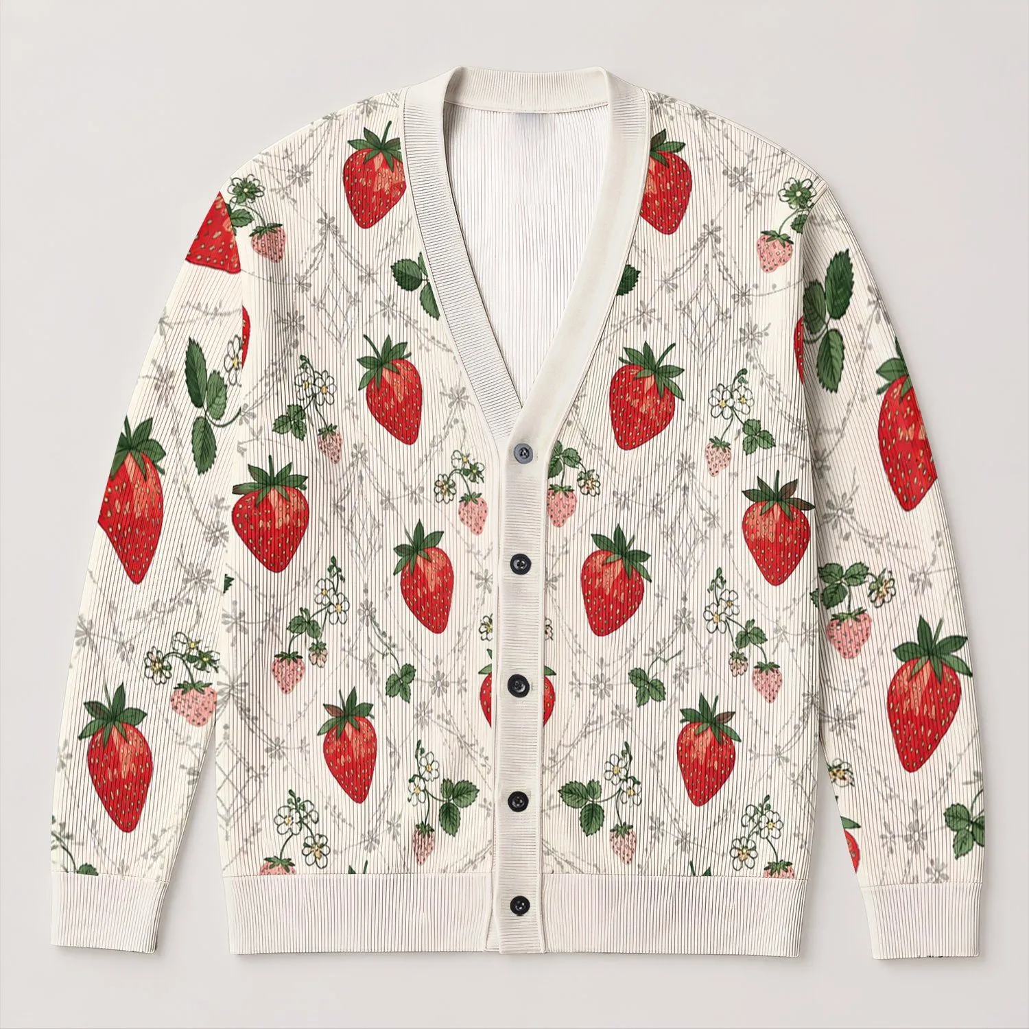 Red Strawberry Garden for Beach Vacation and Date Style, Casual Women's Summer Layer All-over Print Knitted Cardigan - 1