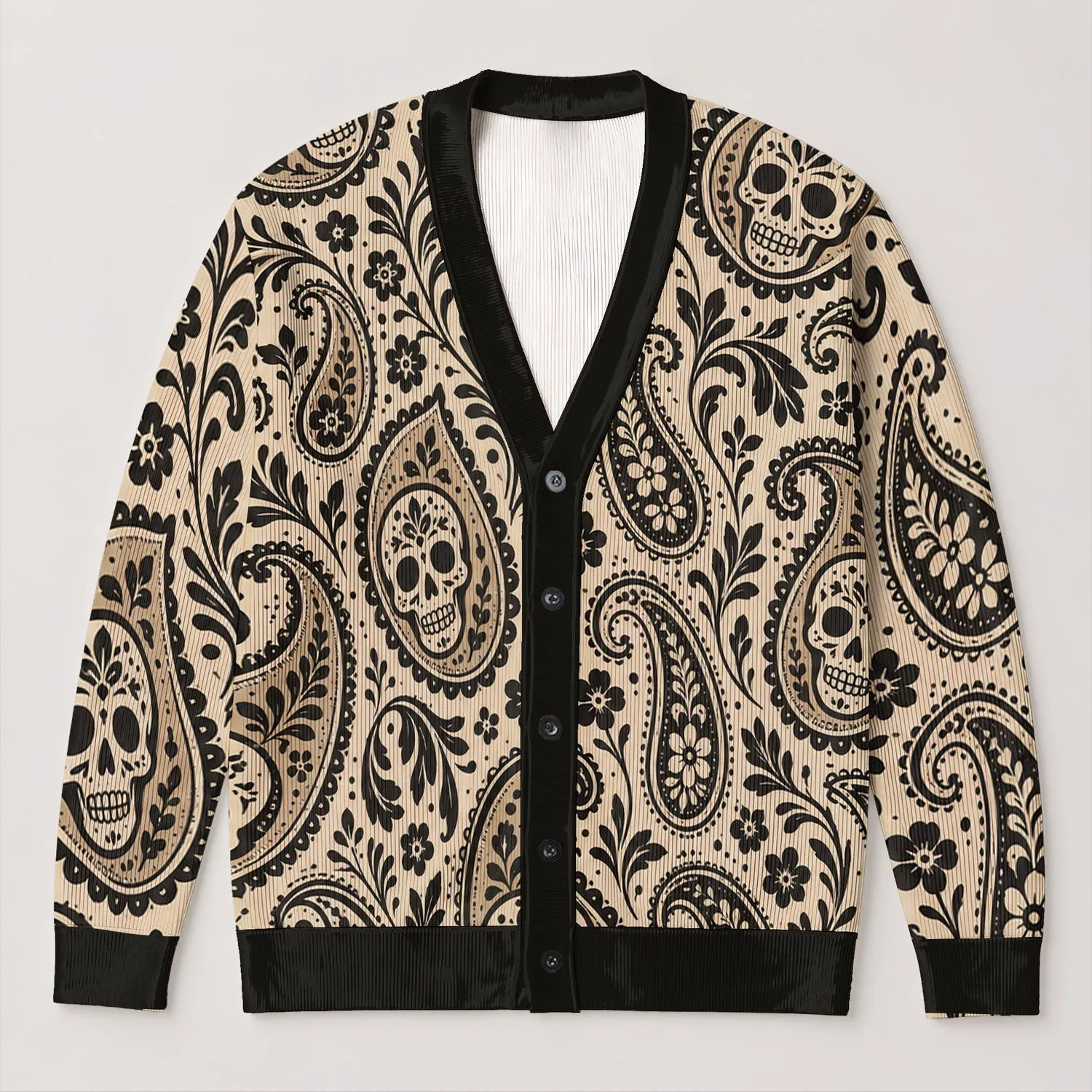 Paisley Skull Motifs for Autumn Layering, Boho Vacation Style for Women, Oversized All-over Print Knitted Cardigan - 1