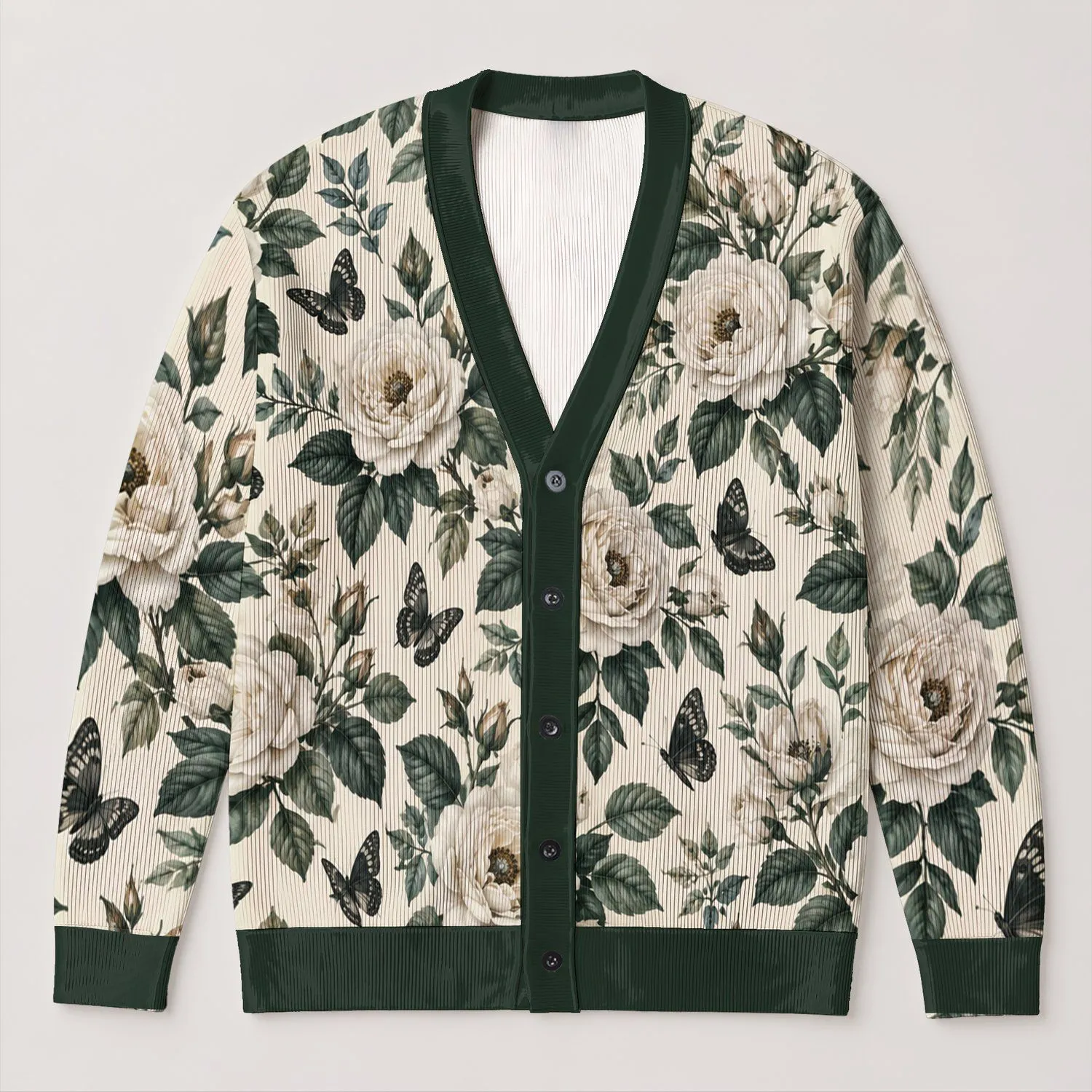 White Roses and Black Butterflies for Spring Vacations and Elegant Date Nights for Women All-over Print Knitted Cardigan - 1