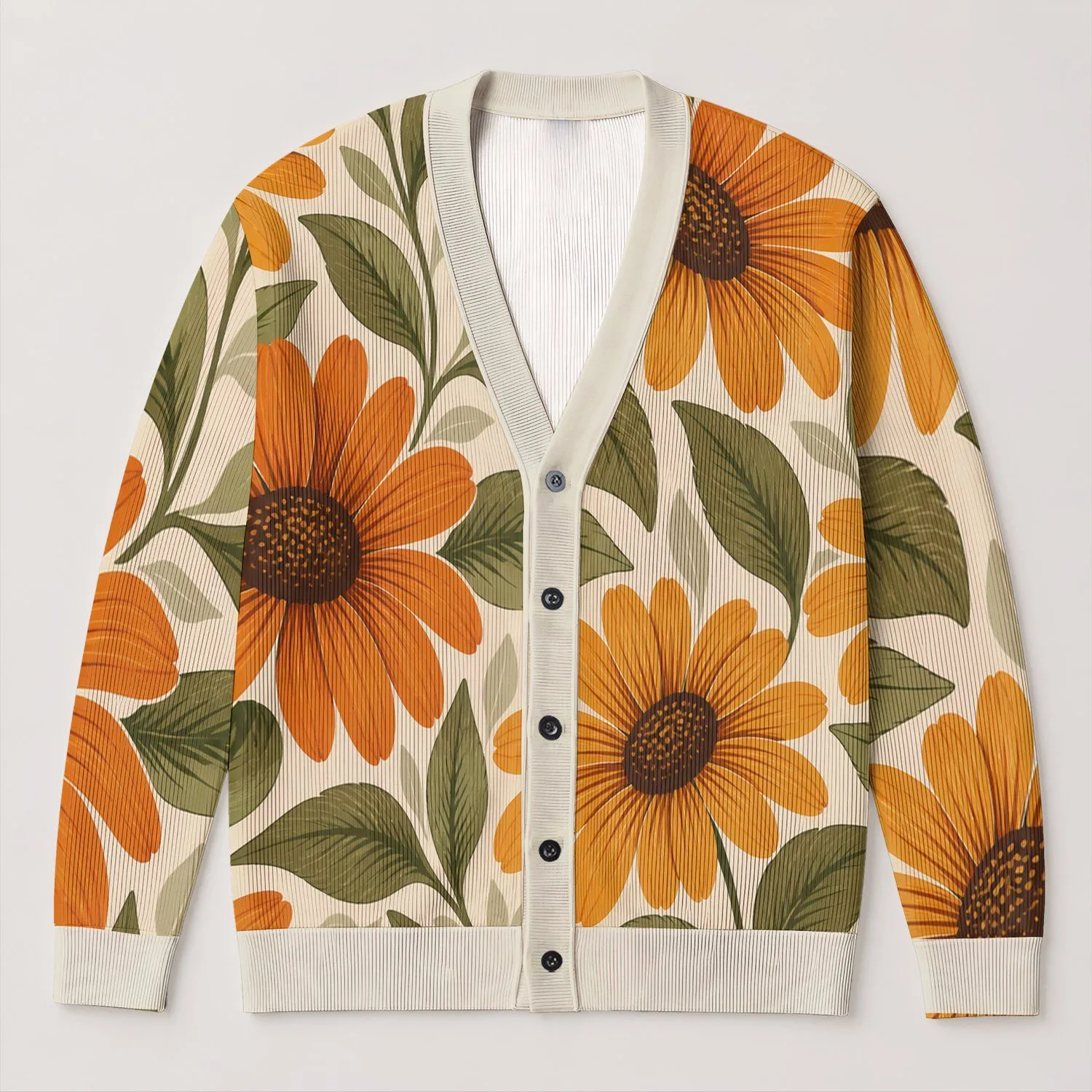 Orange Daisy Floral Bohemian Autumn Layering Style For Women Vacation Date Wear All-over Print Knitted Cardigan - 1