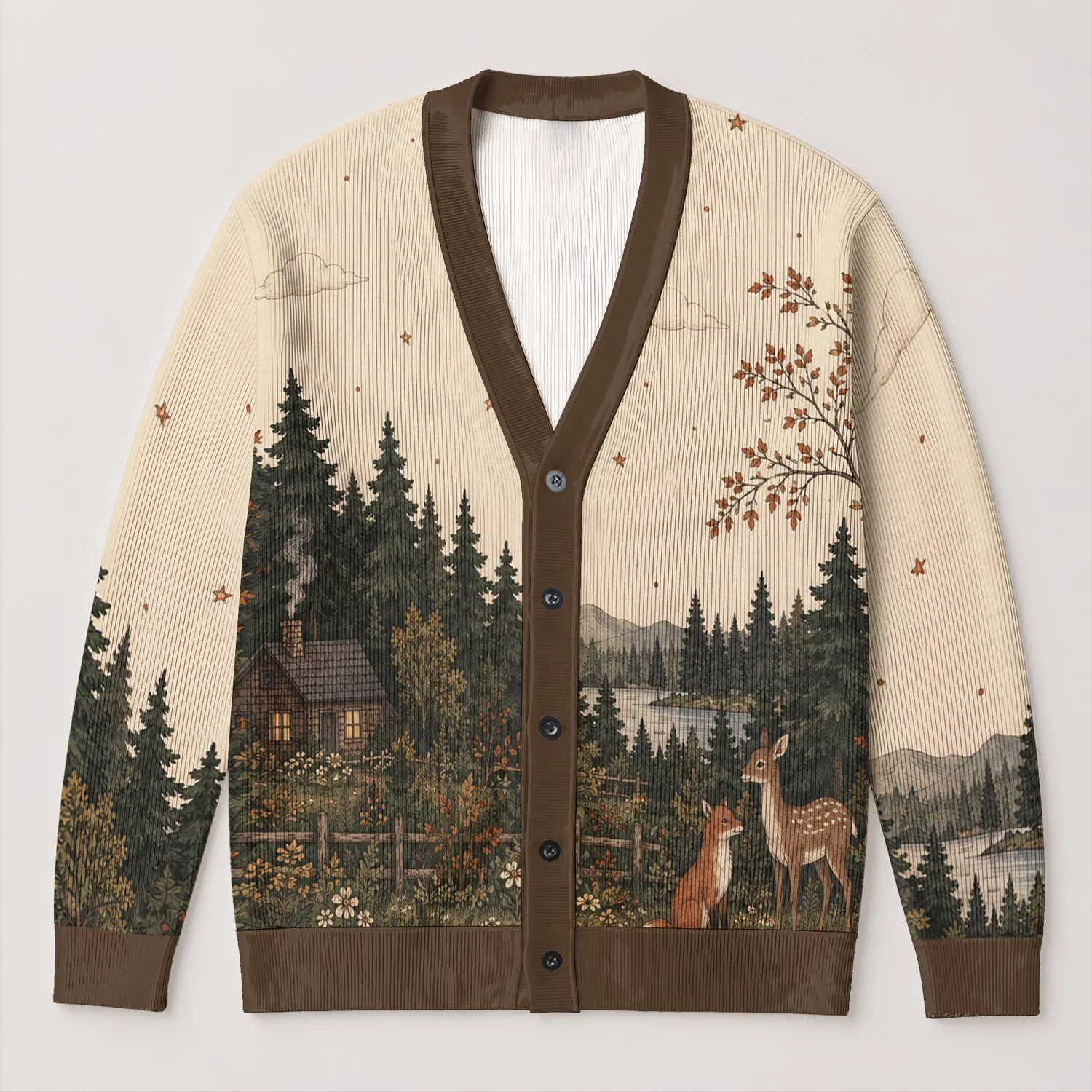 Woodland Fox Deer Rabbit Forest Scene for Cozy Autumn Cottagecore Nature Lovers All-over Print Knitted Cardigan - 1