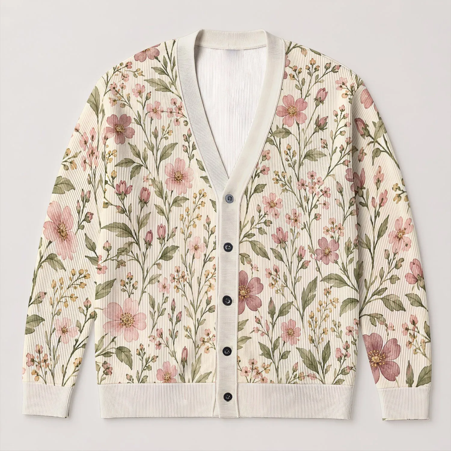 Pink Wildflower Sprigs for Spring Layering, Everyday Garden Style, and Nature Lovers All-over Print Knitted Cardigan - 1