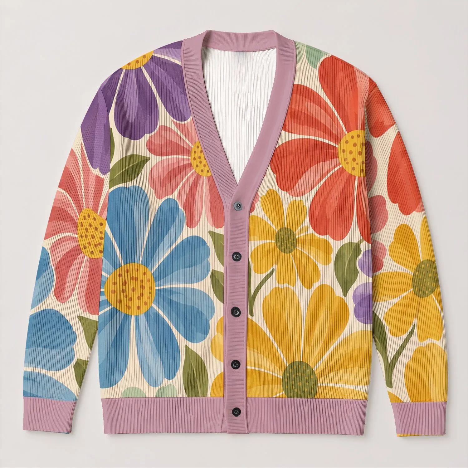 Colorful Daisy Bloom Motif for Cheerful Vacation Layering and Everyday Women’s Style All-over Print Knitted Cardigan - 1