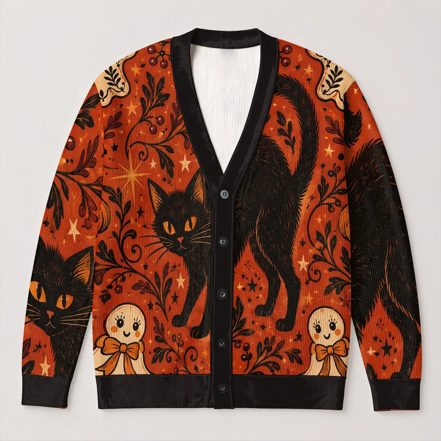 Halloween Gingerbread Friends And Black Cat For Cozy Autumn Outings And Vacations All-over Print Knitted Cardigan - 1
