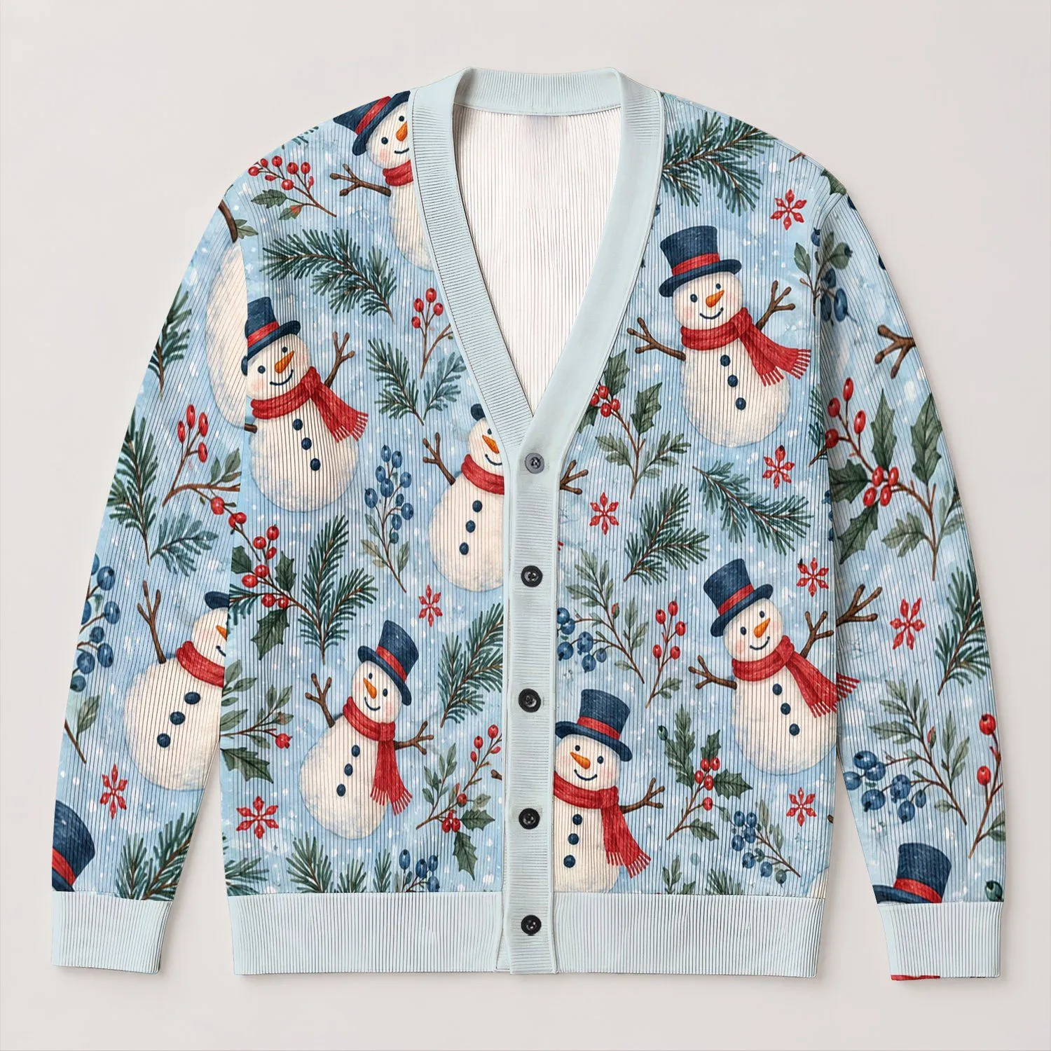Snowman Pine Branch Scene for Festive Holiday Layering and Winter Gatherings for Women All-over Print Knitted Cardigan - 1