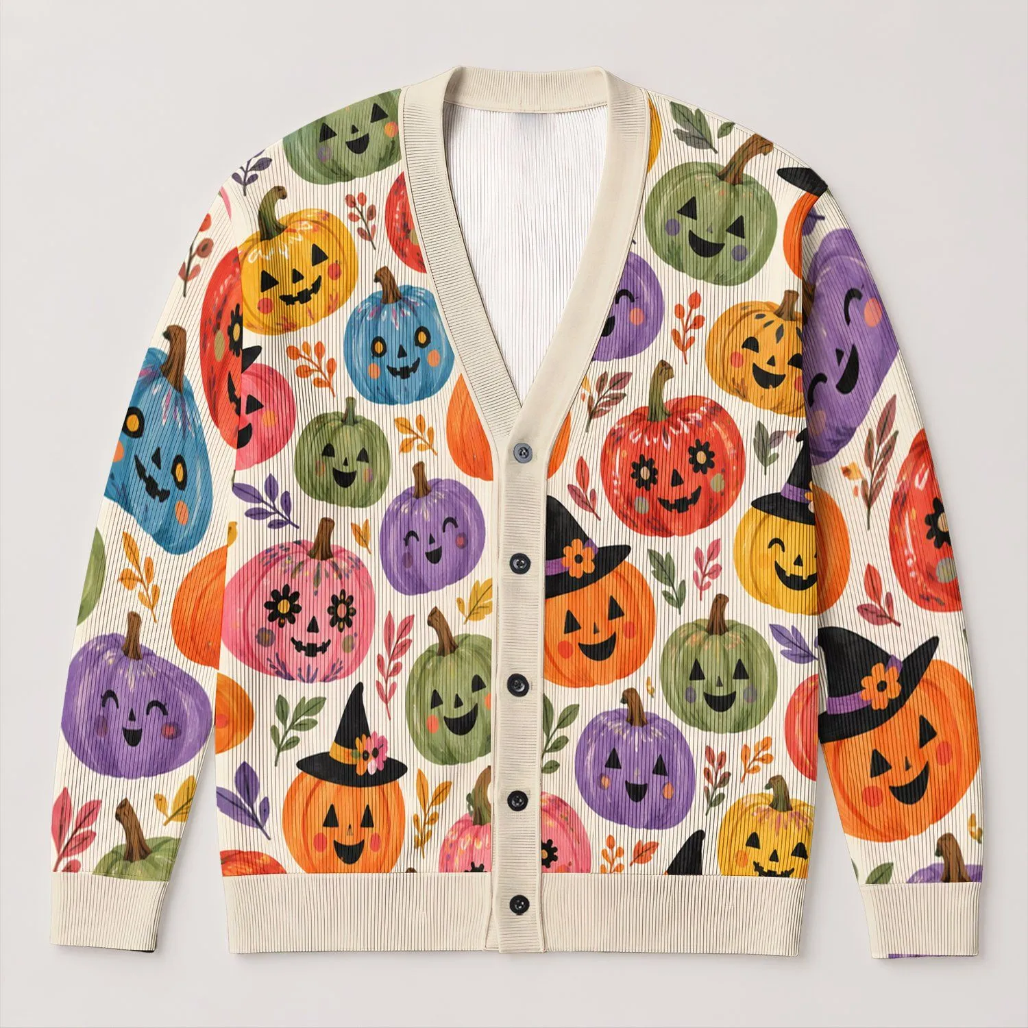 Colorful Pumpkin Lantern Faces for Autumn Halloween Gatherings and Cozy Vacation Dates All-over Print Knitted Cardigan - 1