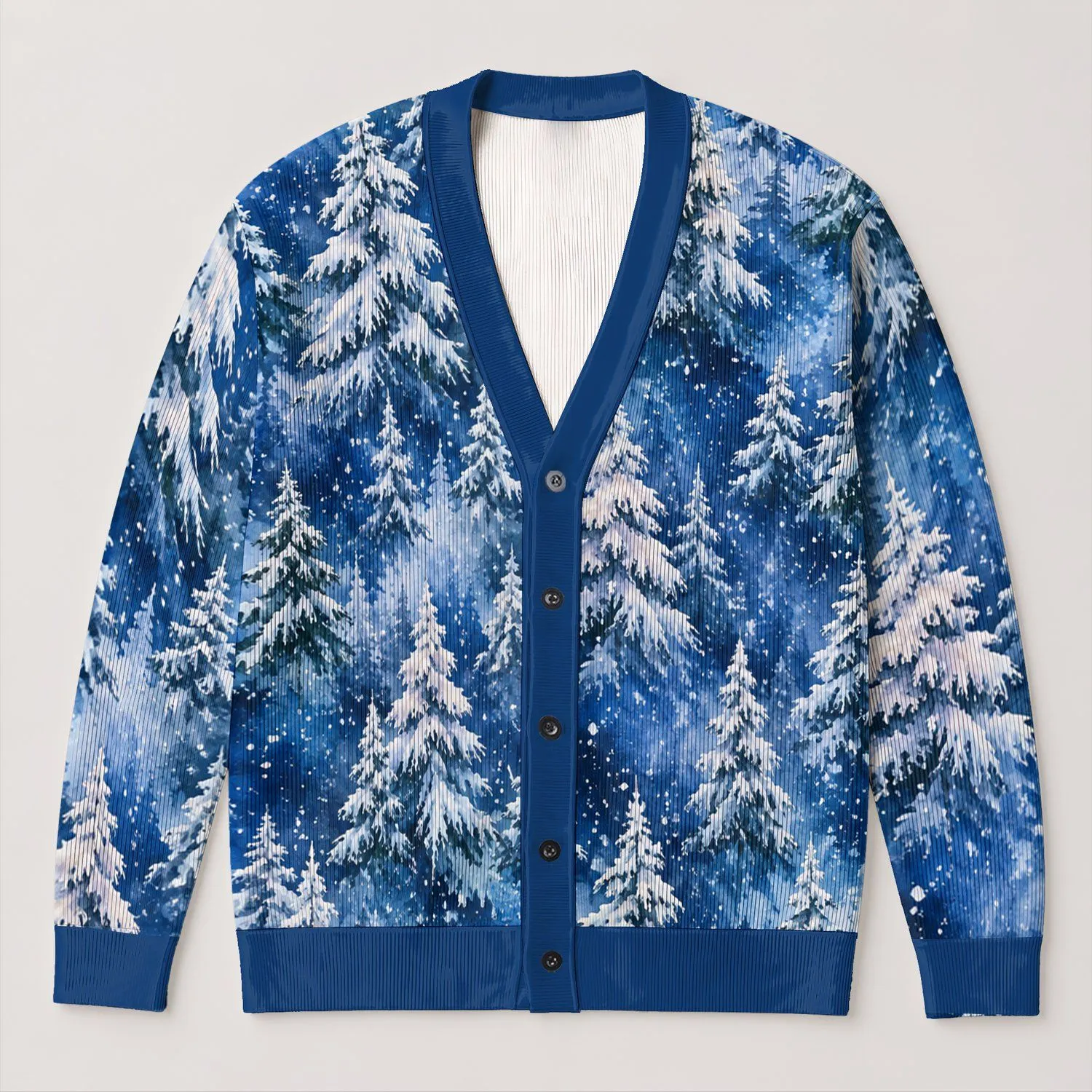 Blue Watercolor Winter Evergreen Trees for Holiday Snow Days and Cozy Layering Style All-over Print Knitted Cardigan - 1