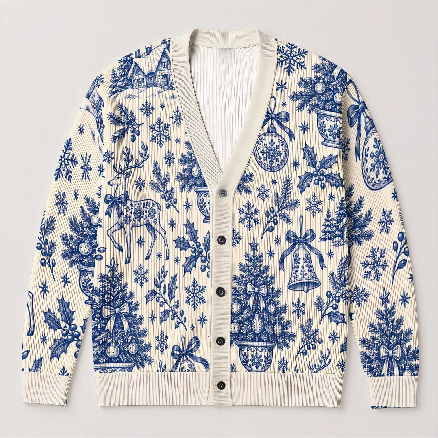 Blue And White Holiday Ornament Motifs For Cozy Winter Gatherings And Vacation Dates All-over Print Knitted Cardigan - 1