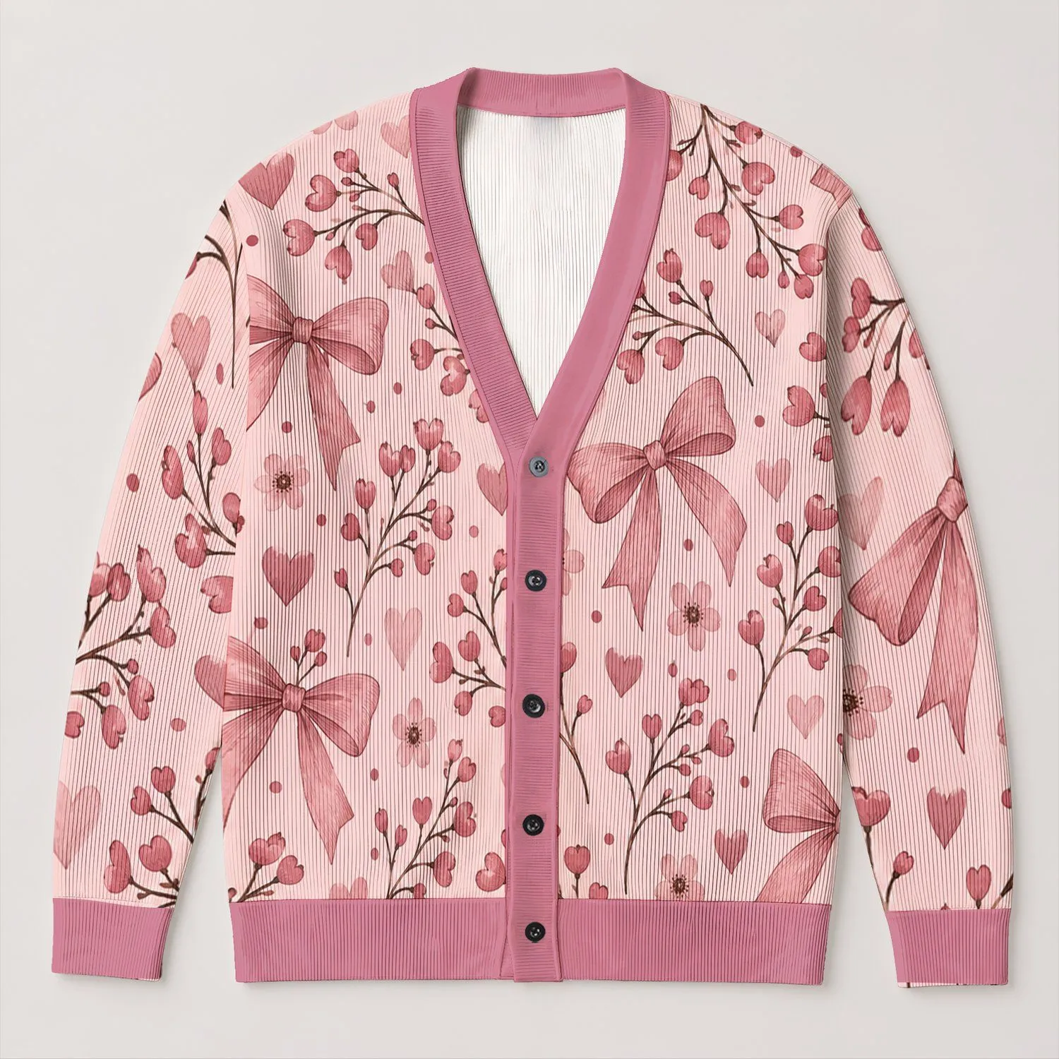 Pink Bow Berry Heart Motif For Romantic Holiday Layering Women's Feminine Gift Style All-over Print Knitted Cardigan - 1