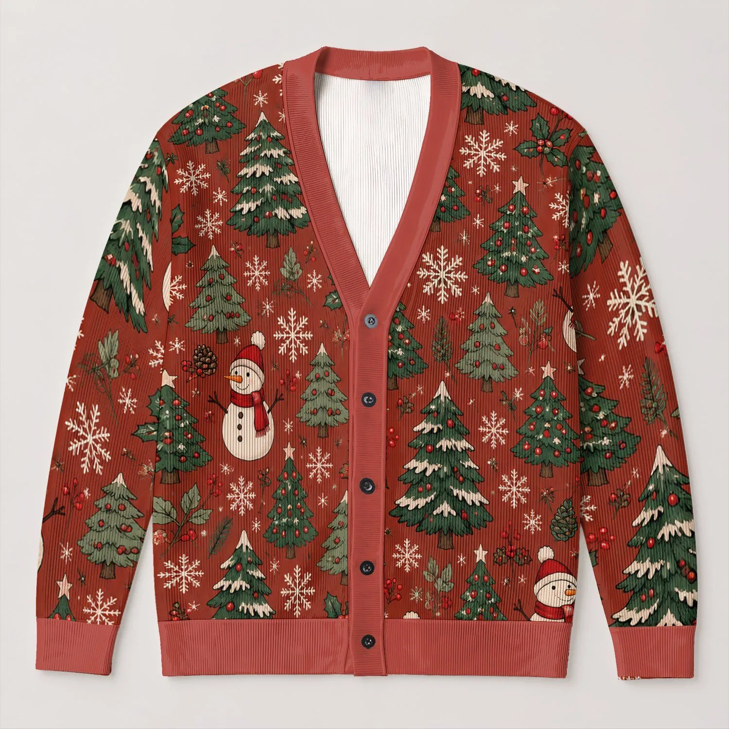Christmas Snowmen and Evergreen Trees for Festive Holiday Layering for Women at Gatherings All-over Print Knitted Cardigan - 1