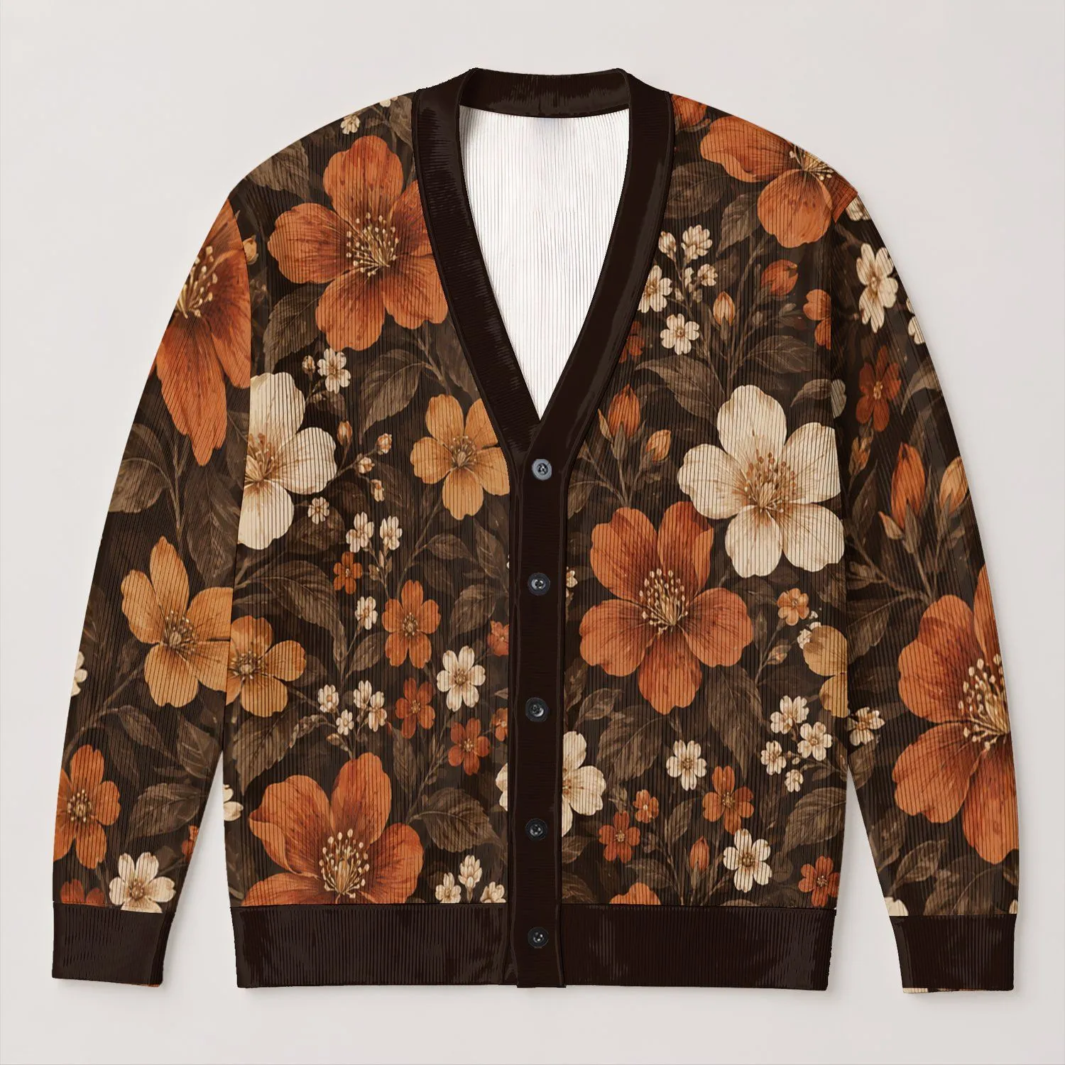 Rust Orange And Cream Floral Blooms For Cozy Autumn Layering, Women's Everyday Style All-over Print Knitted Cardigan - 1