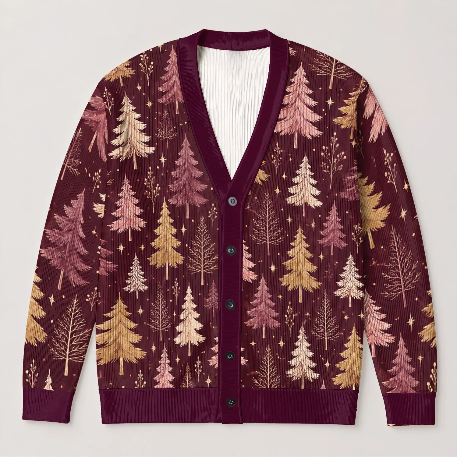 Pink Gold Pine Trees for Cozy Holiday Layering and Festive Winter Wardrobe Style All-over Print Knitted Cardigan - 1