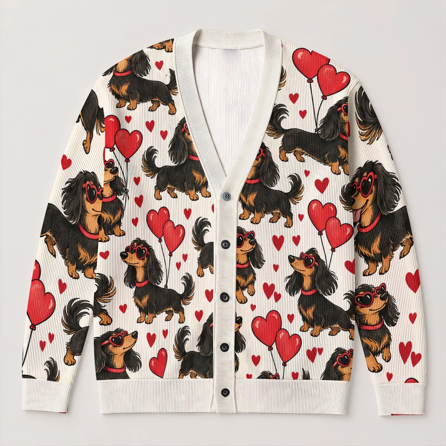Dachshund Heart Balloon Whimsy for Romantic Everyday Layering, Gifts for Dog Lovers All-over Print Knitted Cardigan - 1