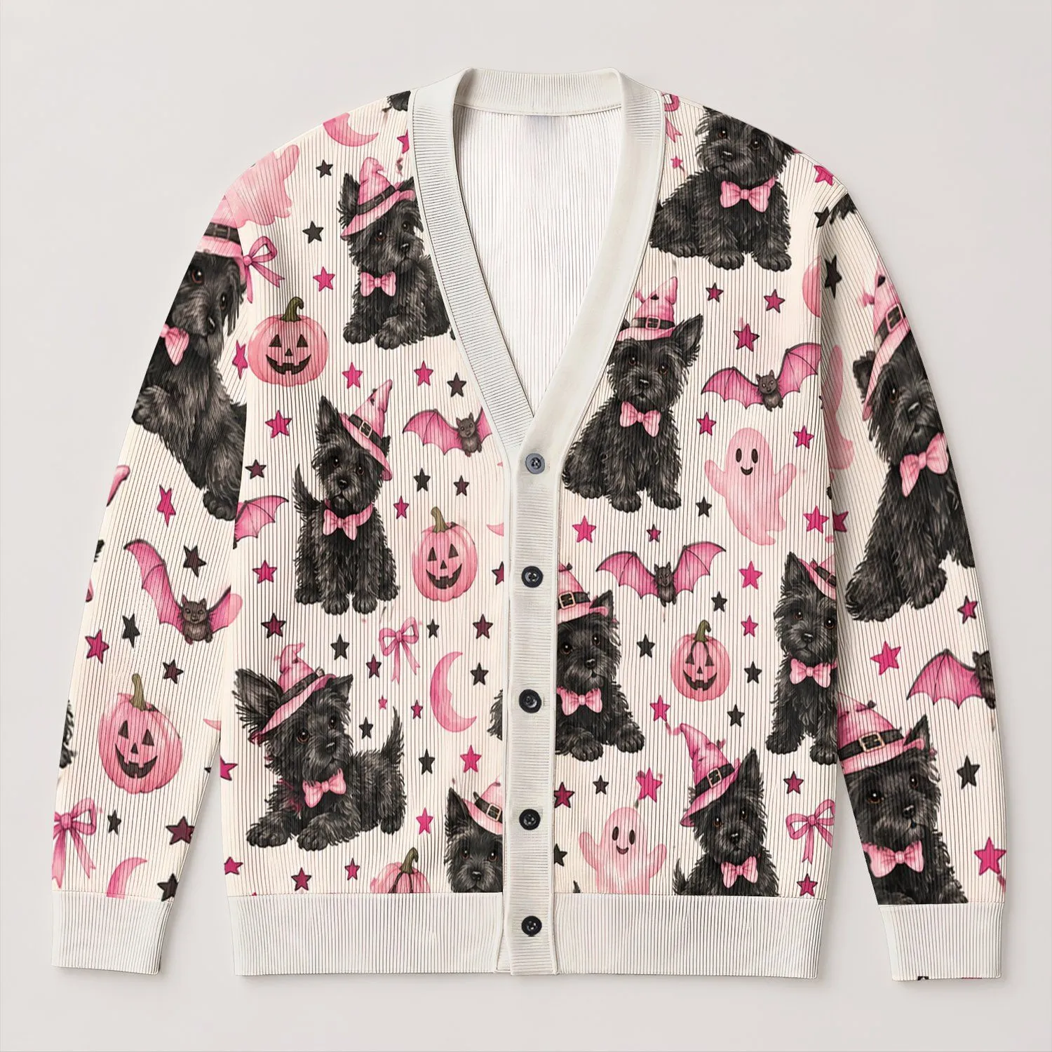 Pink Halloween Dogs And Bats For Cozy Autumn Celebrations, Women And Pet Lovers All-over Print Knitted Cardigan - 1