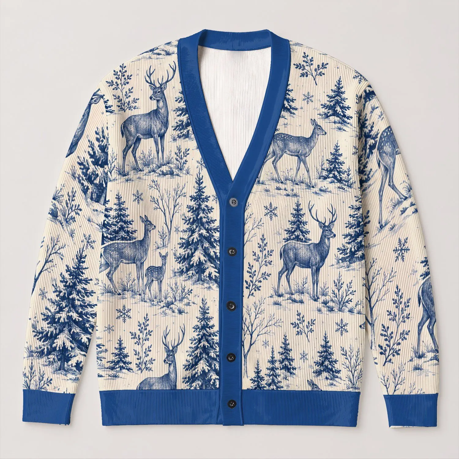 Blue Deer And Pine Forest Winter Scene For Holiday Gatherings And Cozy Women’s Style All-over Print Knitted Cardigan - 1
