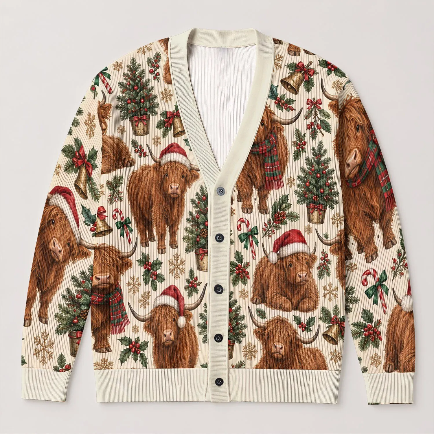 Highland Cow Christmas Holiday Style for Cozy Winter Layering and Festive Weekend Outings All-over Print Knitted Cardigan - 1