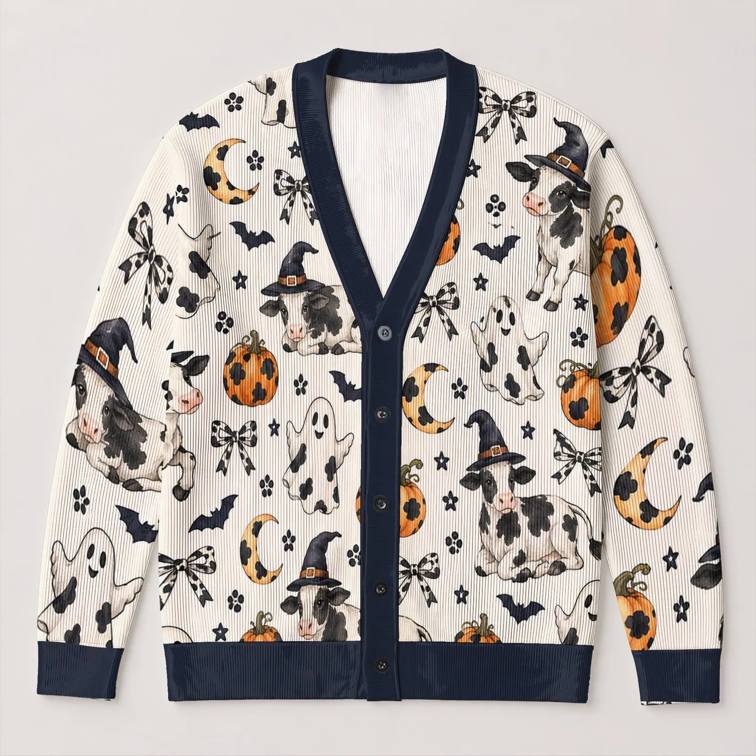 Halloween Cow Witch Hat Bats And Pumpkins For Cozy Autumn Party And Farmhouse Style All-over Print Knitted Cardigan - 1