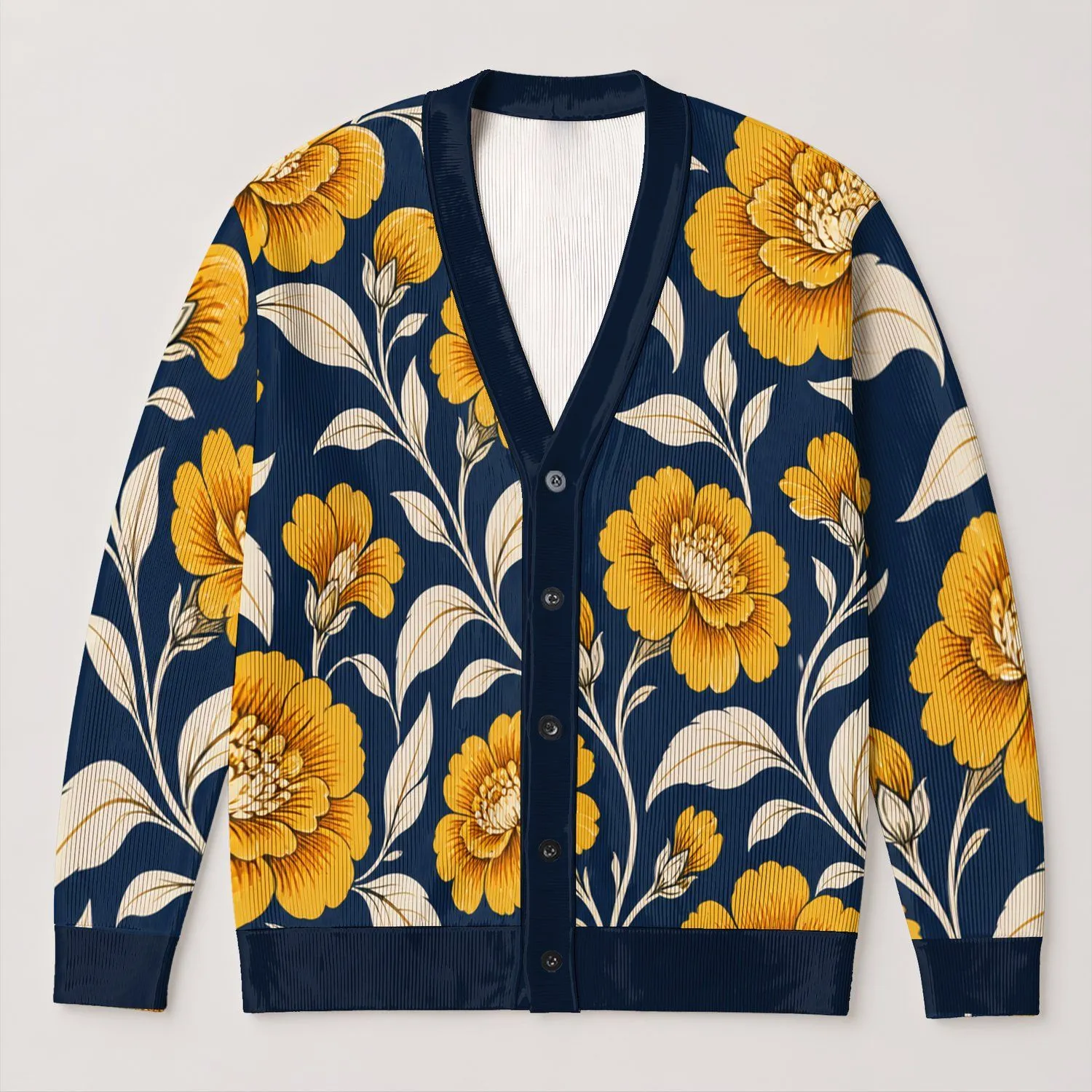 Golden Wildflower Botanical Motifs for Everyday Bohemian Layering and Holiday Style All-over Print Knitted Cardigan - 1