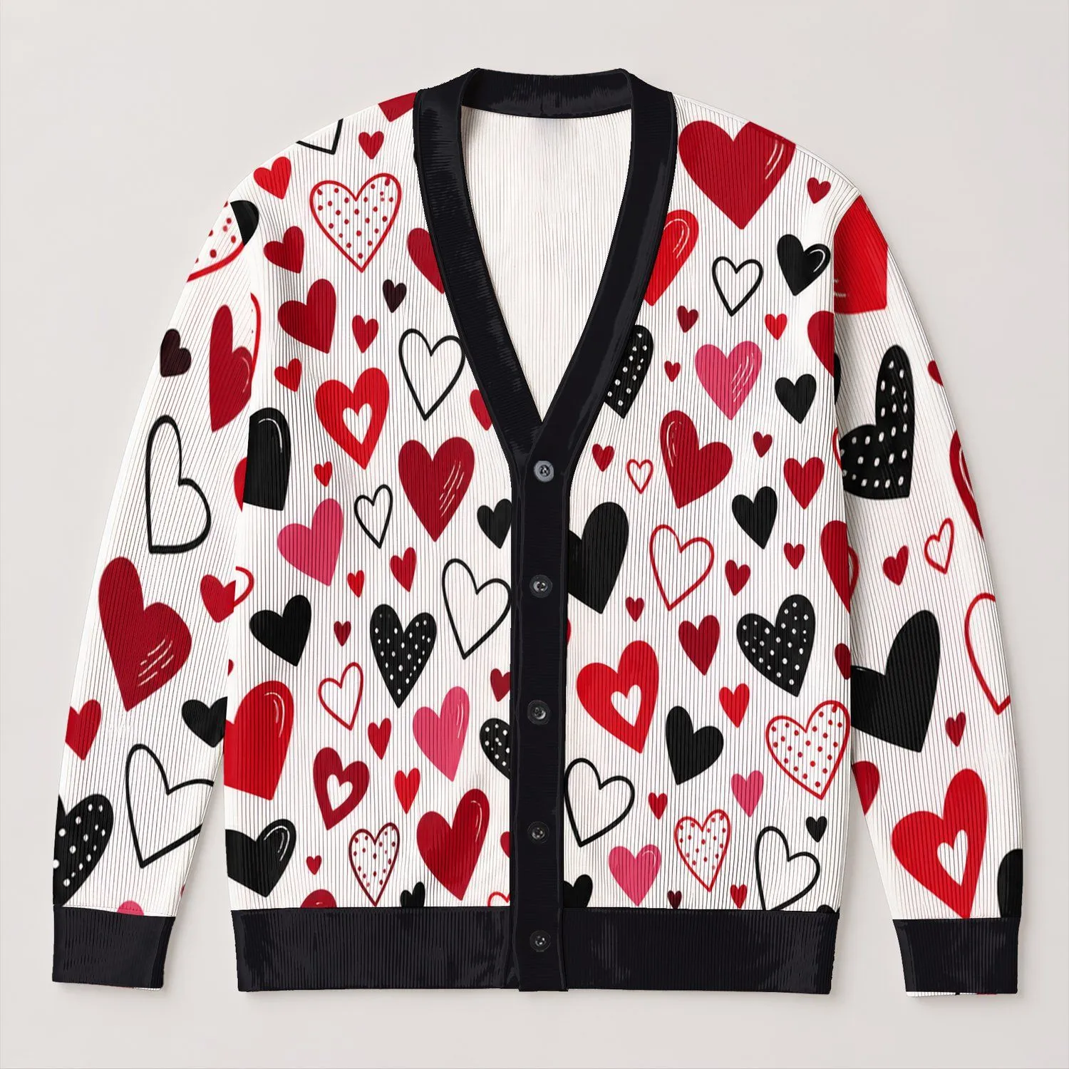 Red Black Heart Motif For Valentine's Day Layering And Everyday Love Style For Women All-over Print Knitted Cardigan - 1