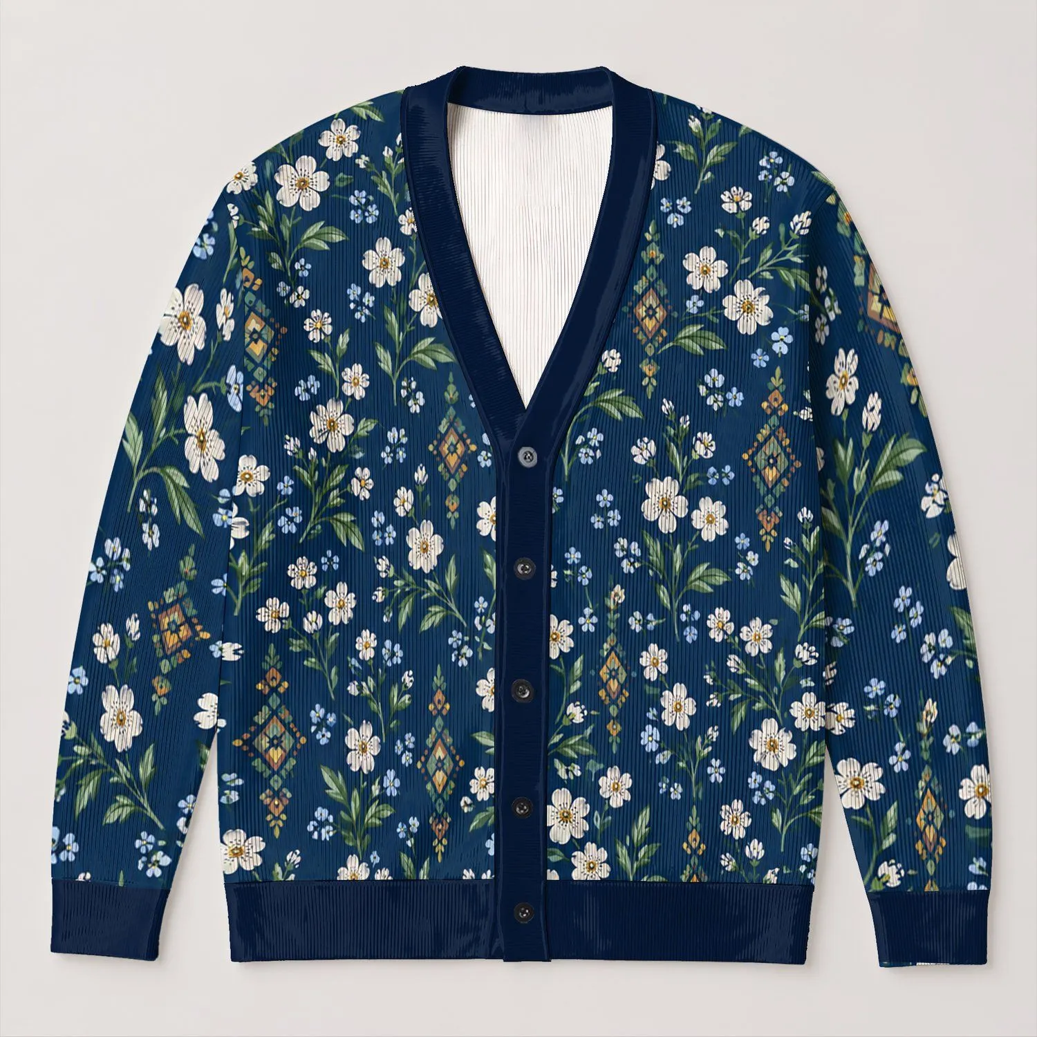 Navy White Wildflower Garden for Casual Spring Travel and Everyday Layering Women All-over Print Knitted Cardigan - 1