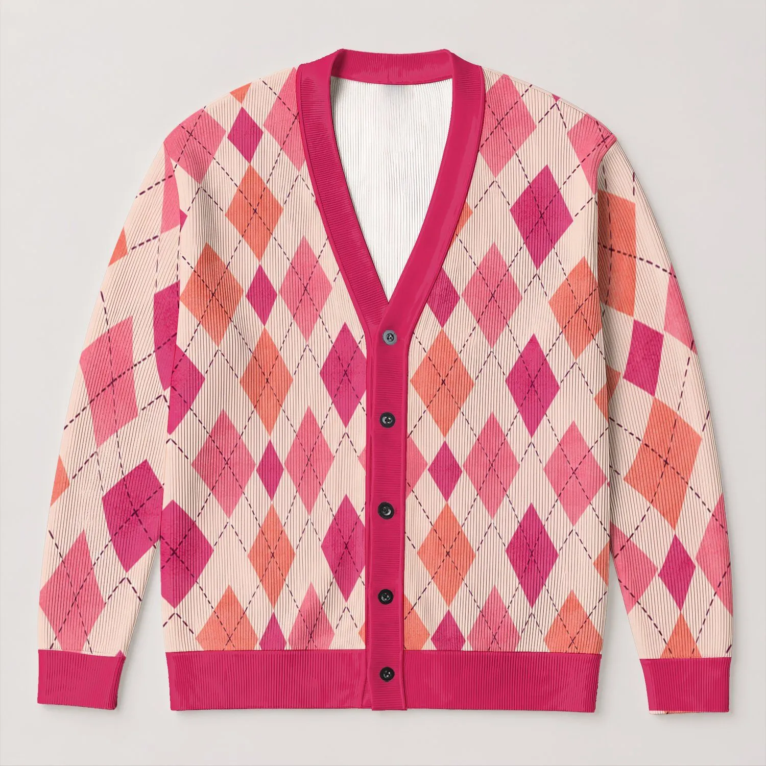 Pink Argyle Diamonds for Cozy Holiday Layering and Everyday Office Style for Women All-over Print Knitted Cardigan - 1