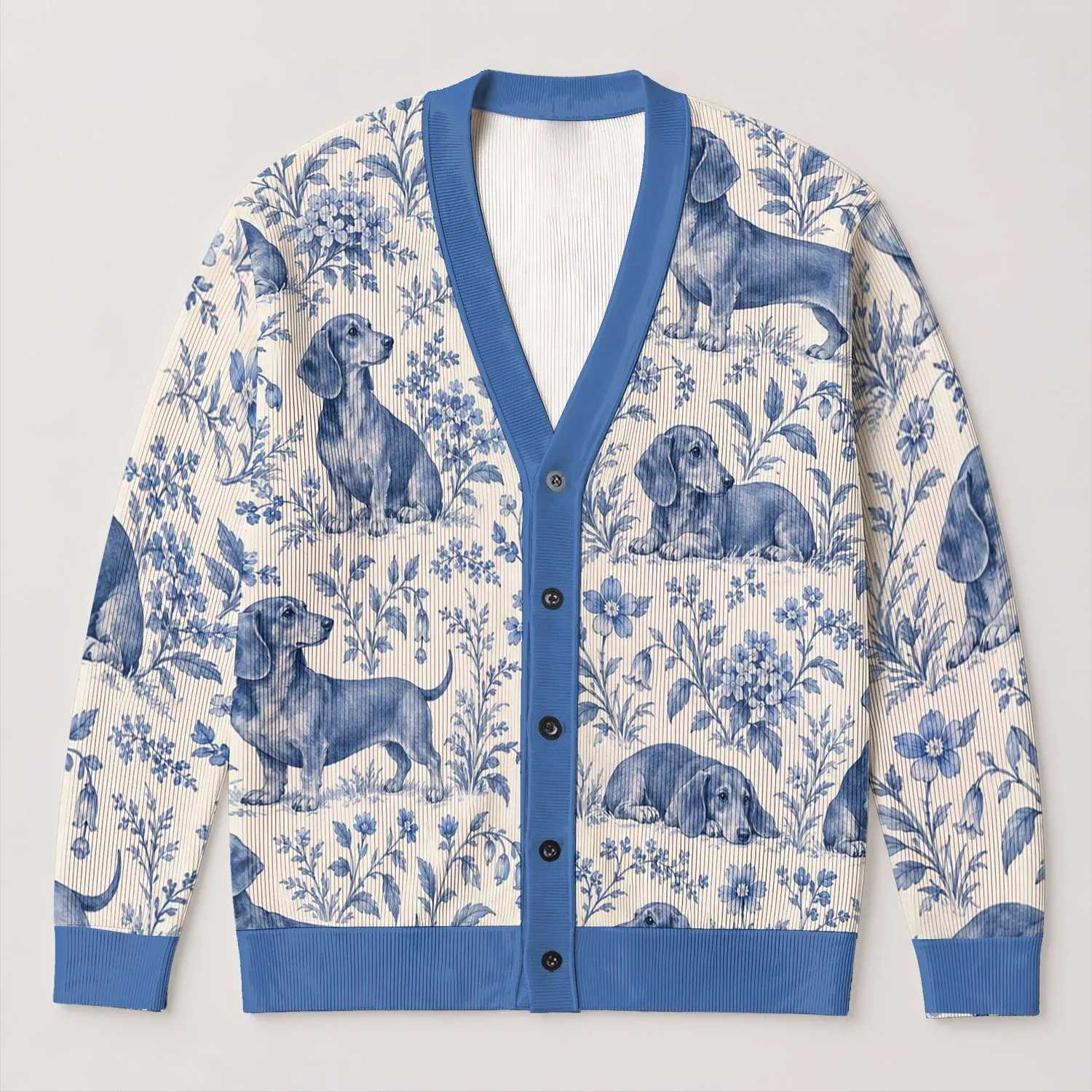 Blue Dachshunds Among Botanical Sprigs for Relaxed Vacation Layering, Women's Everyday Style All-over Print Knitted Cardigan - 1
