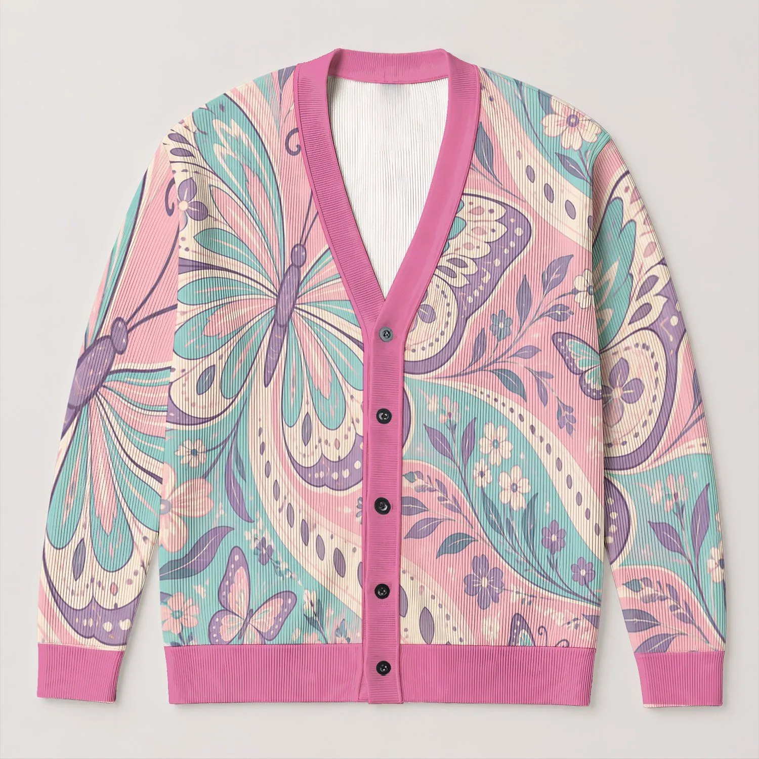 Dreamy Pastel Butterfly Boho Layer For Beach Vacations And Summer Dates Plus Size All-over Print Knitted Cardigan - 1