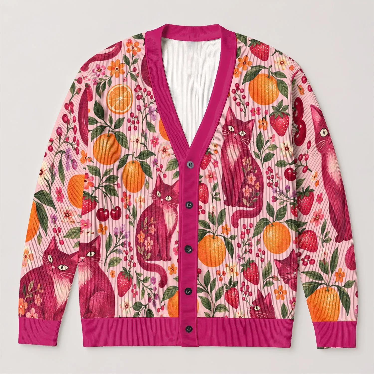 Playful Pink Cats And Citrus Fruit For Cheerful Everyday Layering And Weekend Style All-over Print Knitted Cardigan - 1