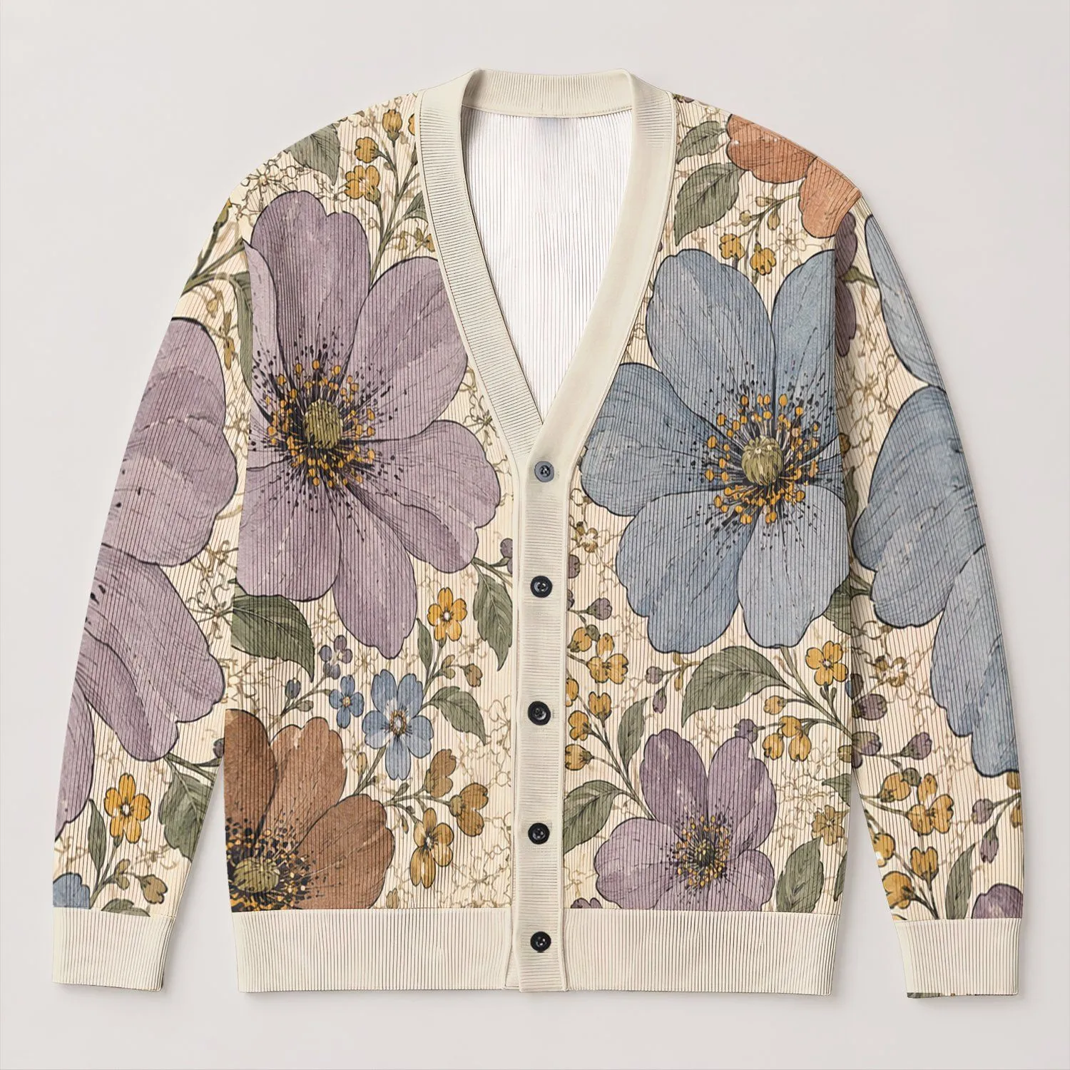 Colorful Hand-Drawn Flowers for Beach Vacations and Everyday Layering, Plus Size Women All-over Print Knitted Cardigan - 1