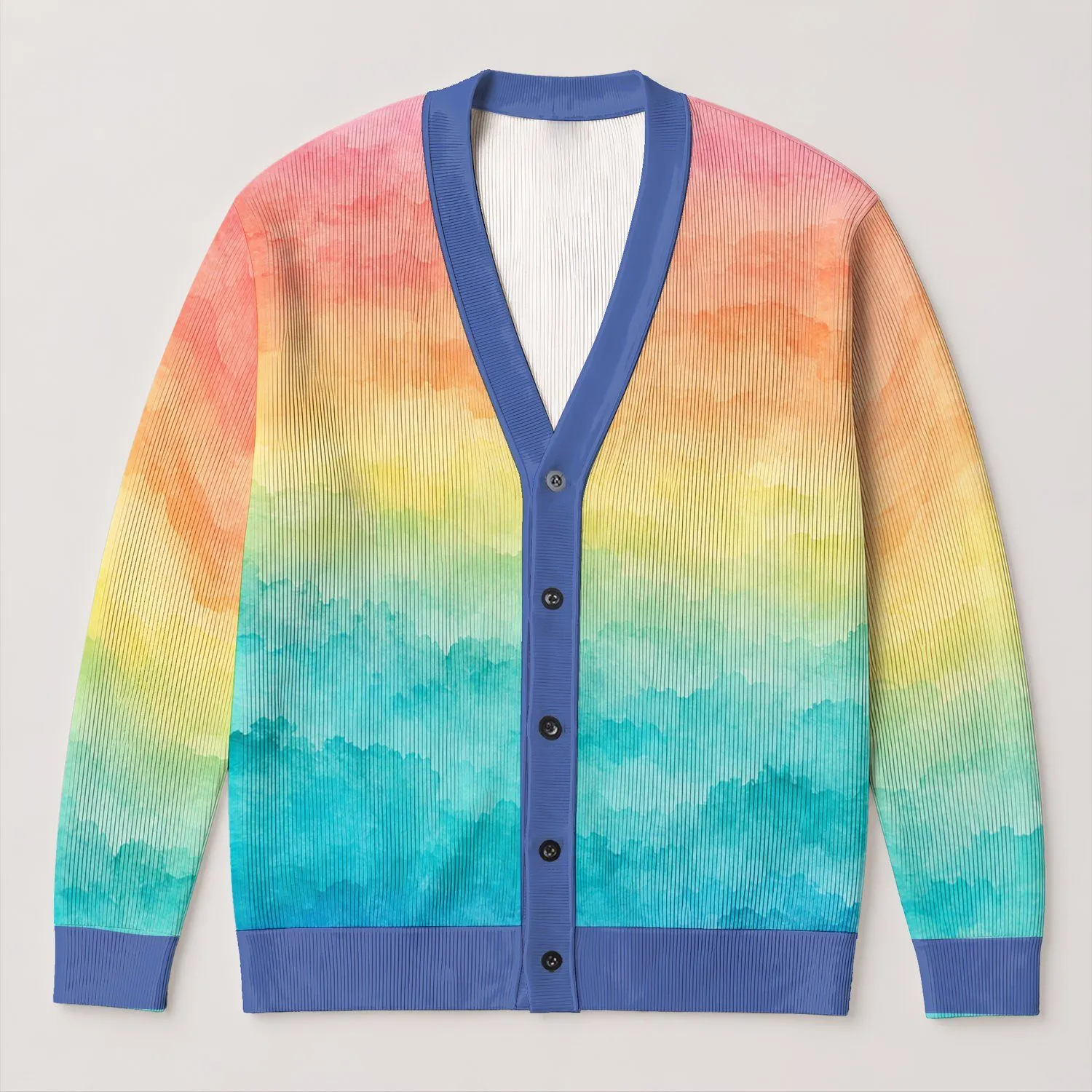 Pastel Rainbow Gradient Stripes for Spring Vacation Layering, Plus Size Women's Style All-over Print Knitted Cardigan - 1