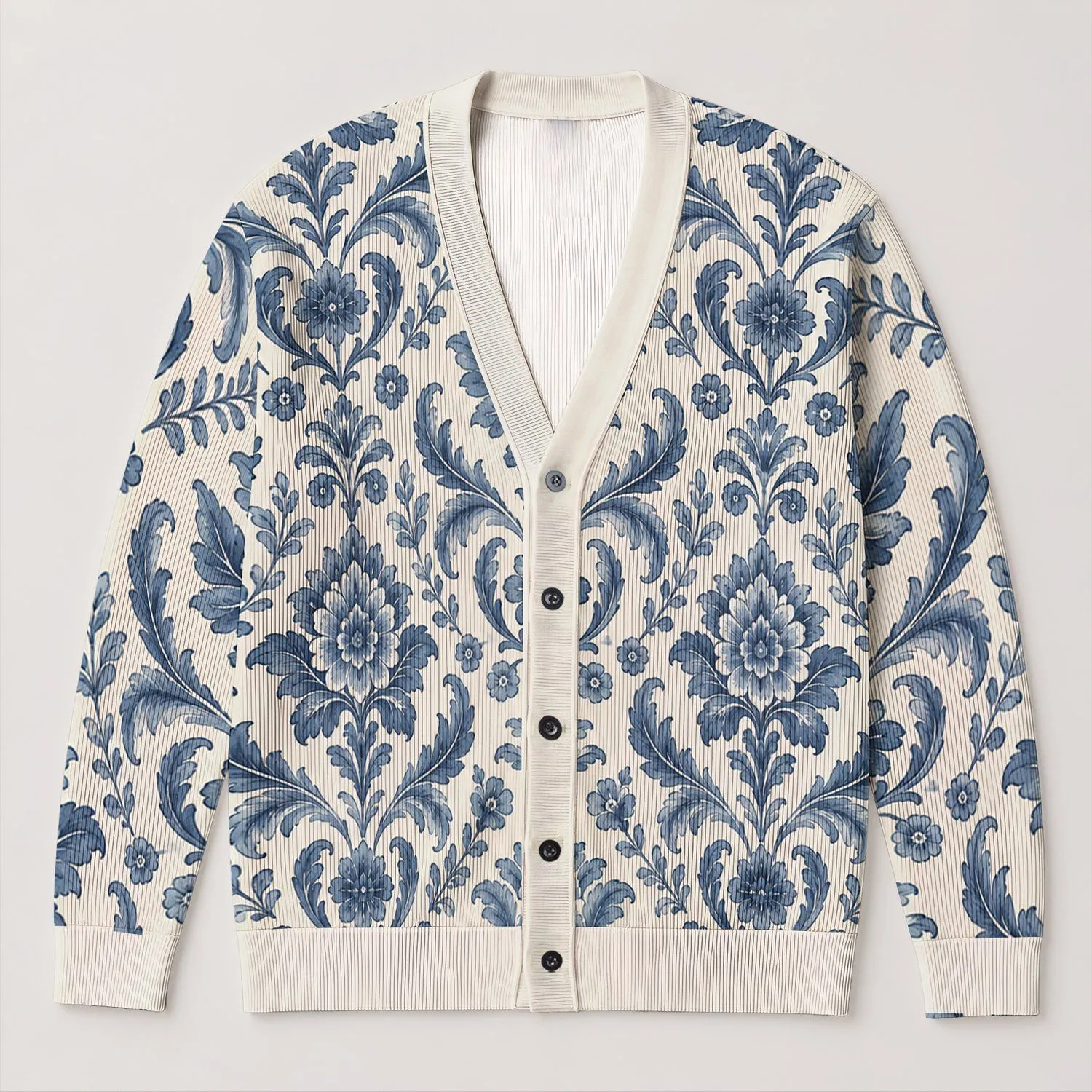 Blue Damask Florals For Elegant Spring Layering, Vacation Style And Garden Parties All-over Print Knitted Cardigan - 1