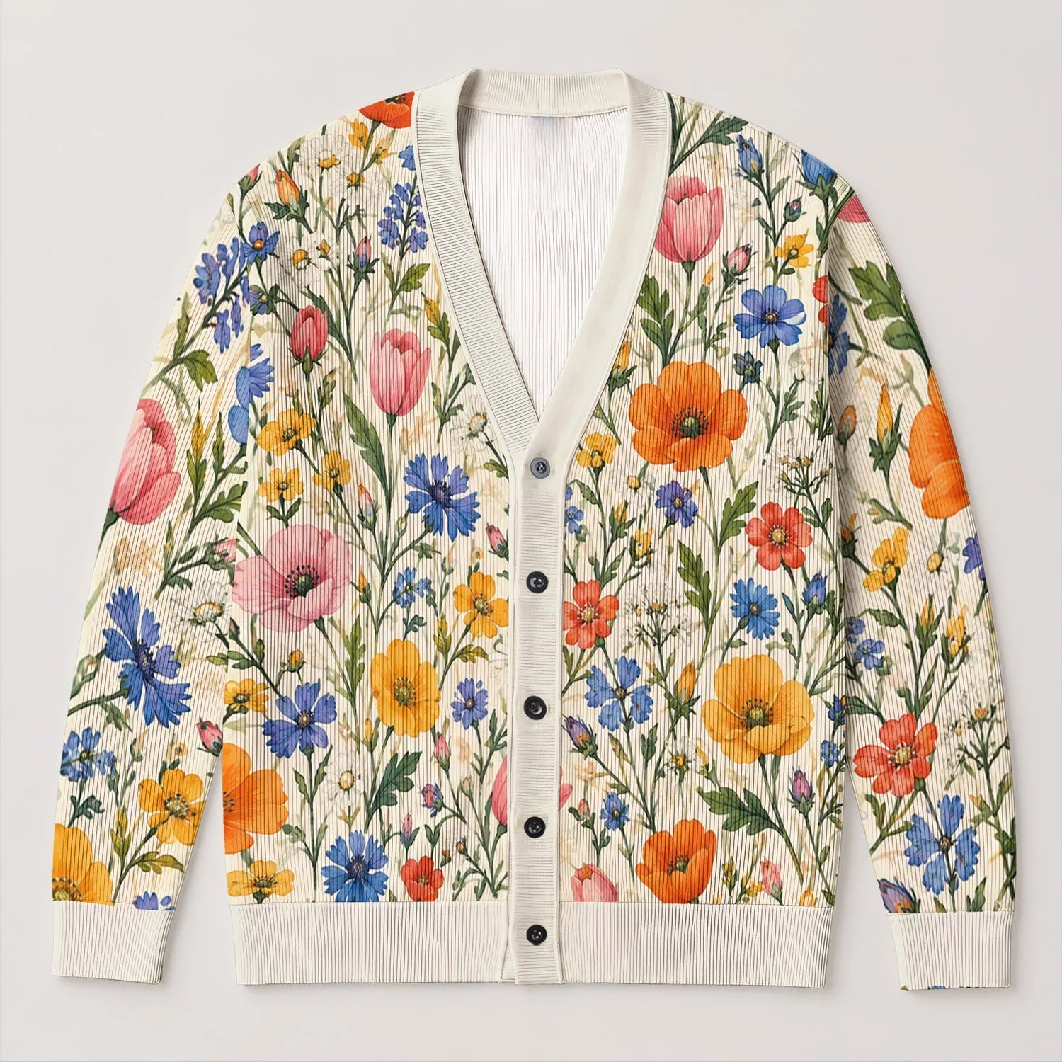 Colorful Wildflower Meadow for Spring Layering, Botanical Style for Everyday Wear Looks All-over Print Knitted Cardigan - 1